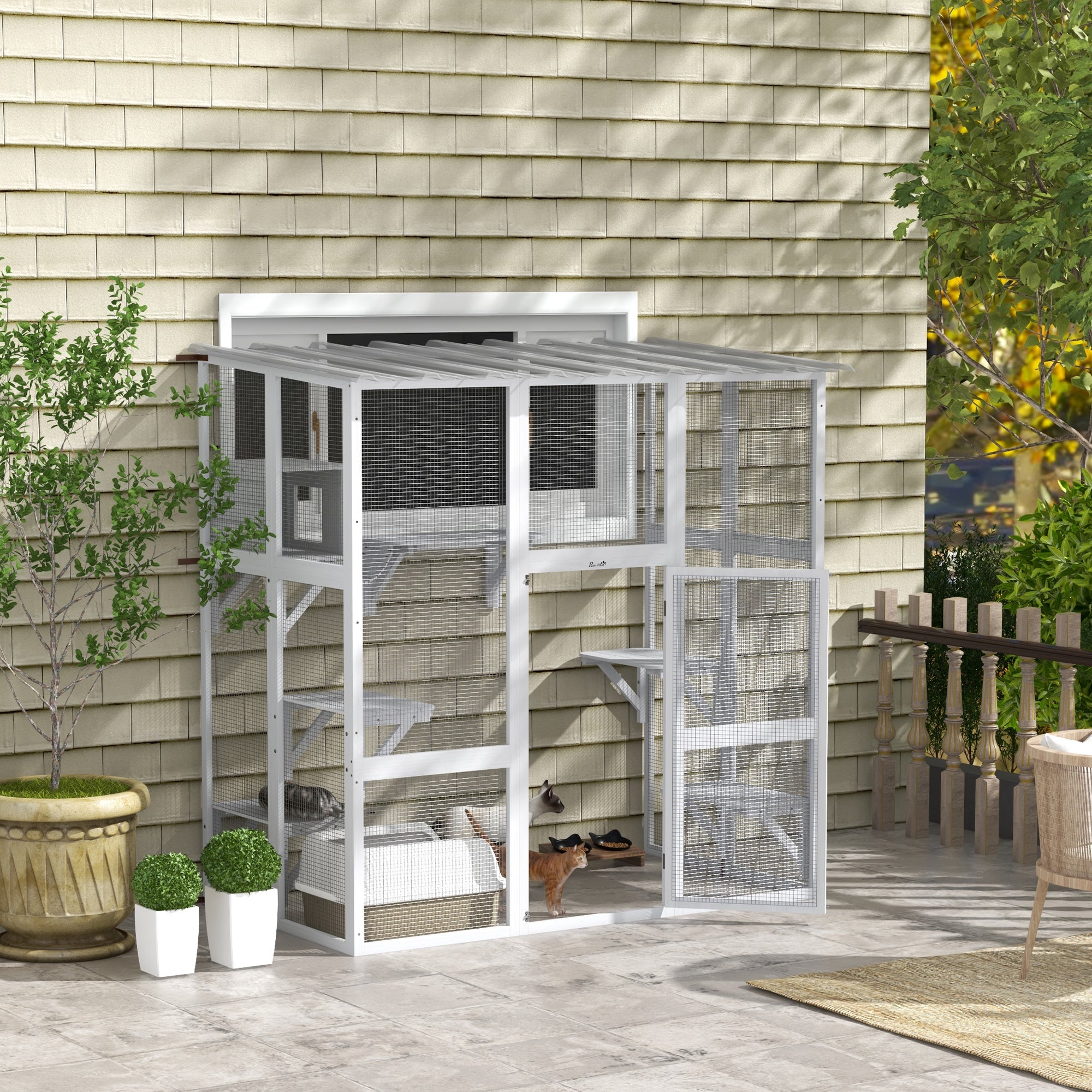 Outdoor Cat Enclosure Window Catio - White Fir Wood-DECOROLALA