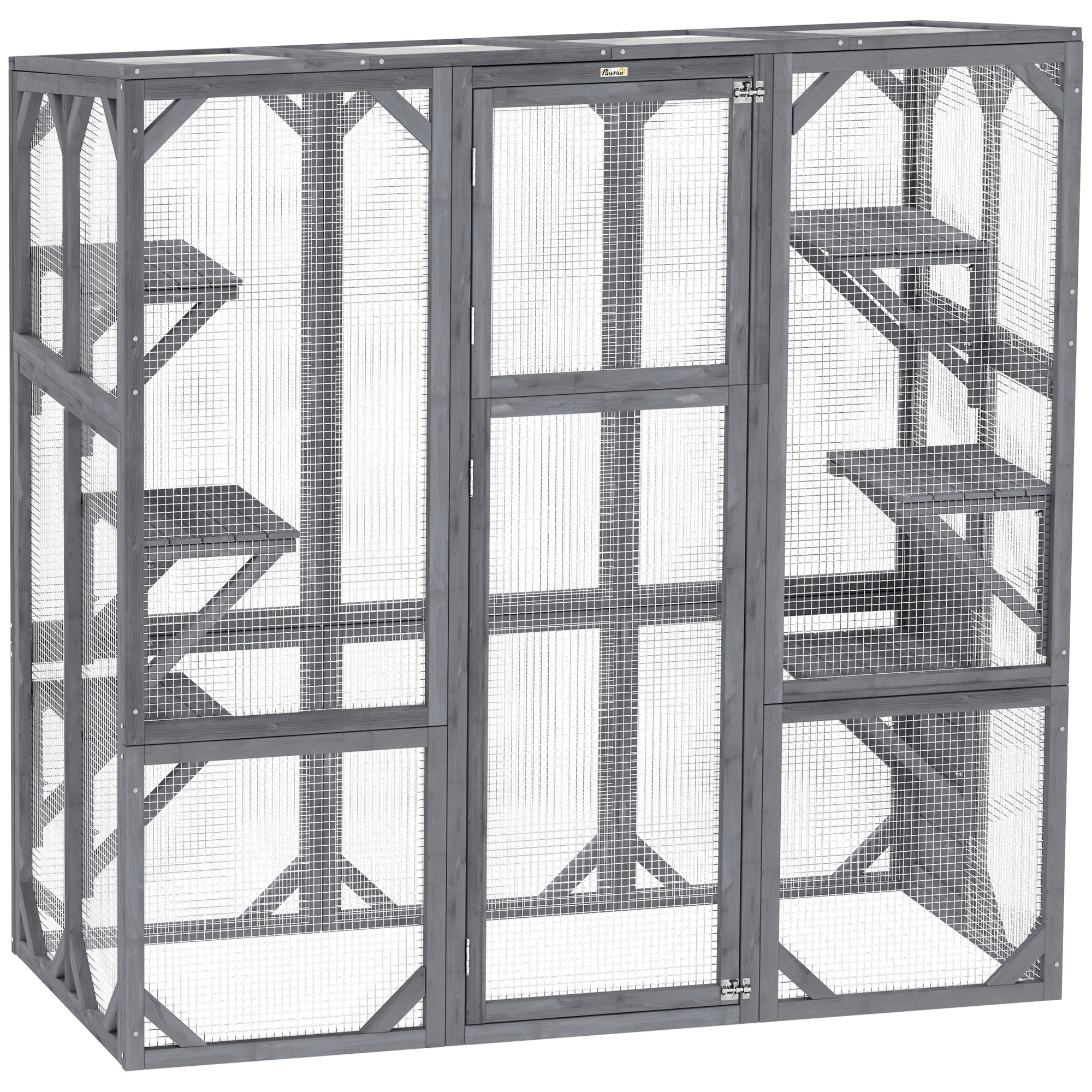 Outdoor Cat Enclosure with 6 Jumping Platforms, Weatherproof Roof, Large Front Door for 1-3 Cats, 59" x 28" x 60", Grey-Cats-DECOROLALA