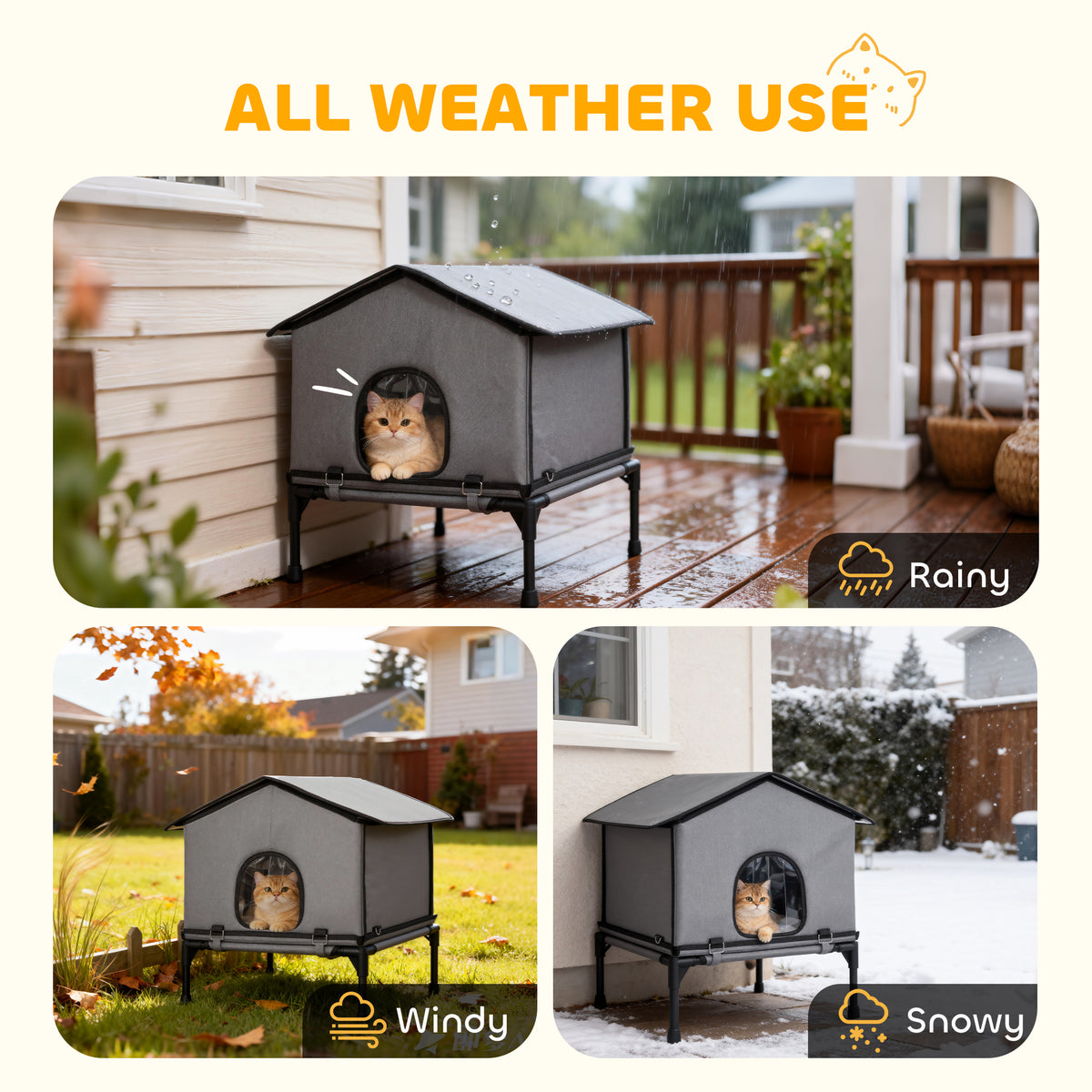 Outdoor Cat House - Waterproof Insulated 2-in-1 Shelter, Grey-Cats-DECOROLALA