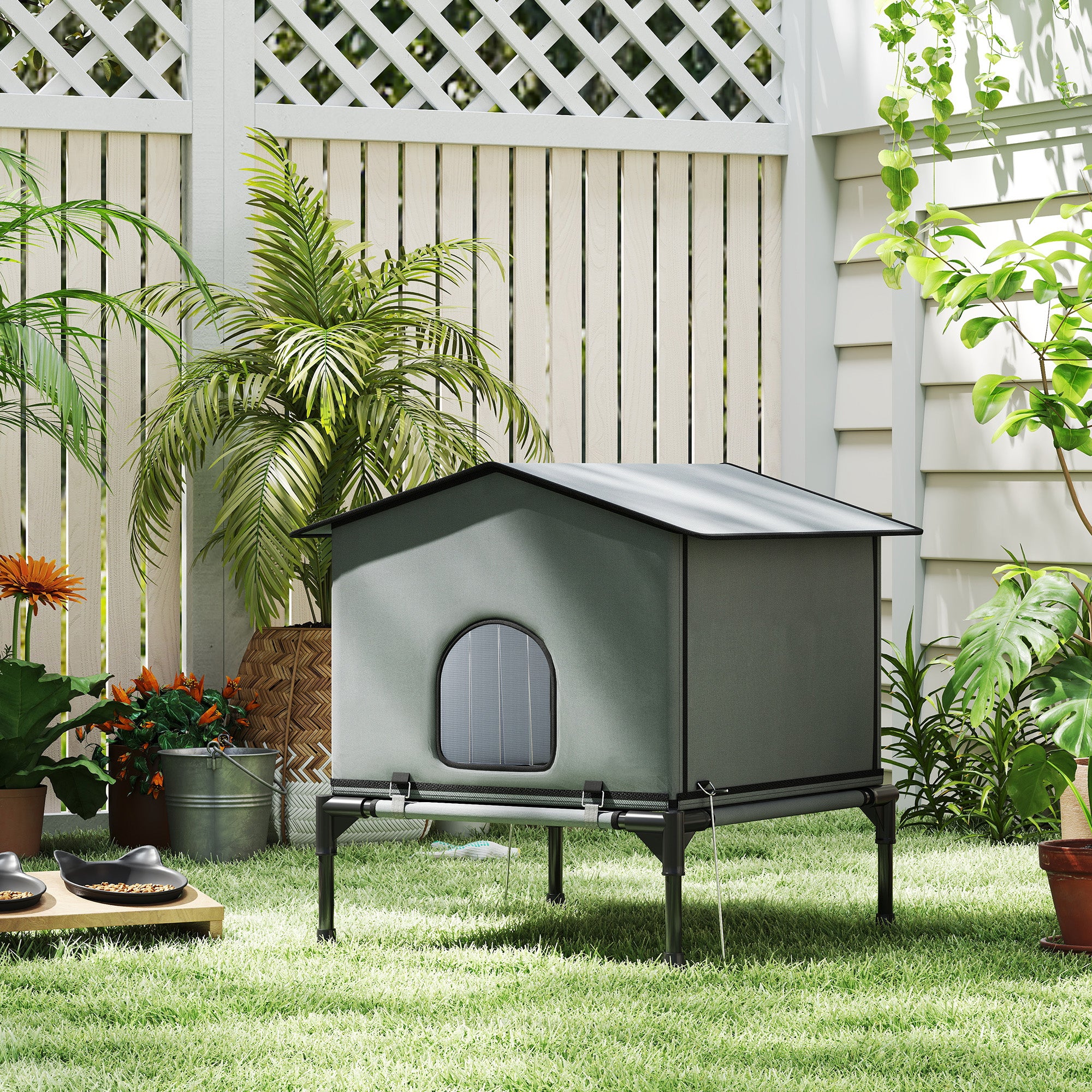 Outdoor Cat House - Waterproof Insulated 2-in-1 Shelter, Grey-Cats-DECOROLALA