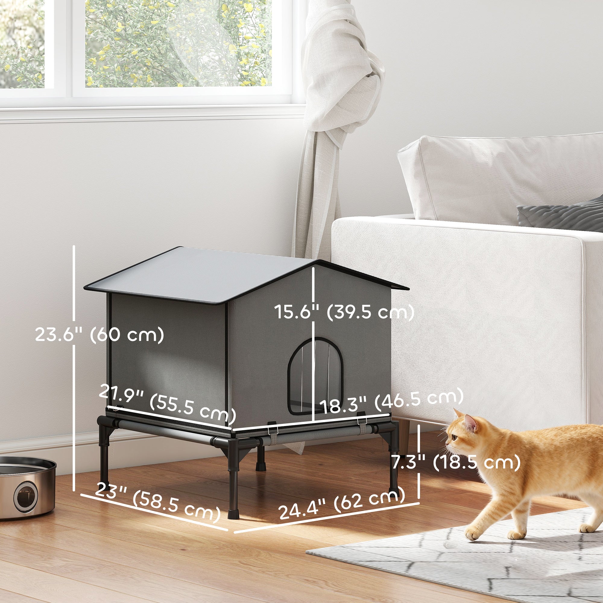 Outdoor Cat House, Waterproof Insulated Cat Kennel with Elevated Base, Foldable Feral Kitty Shelter for Kittens, Grey-Cats-DECOROLALA