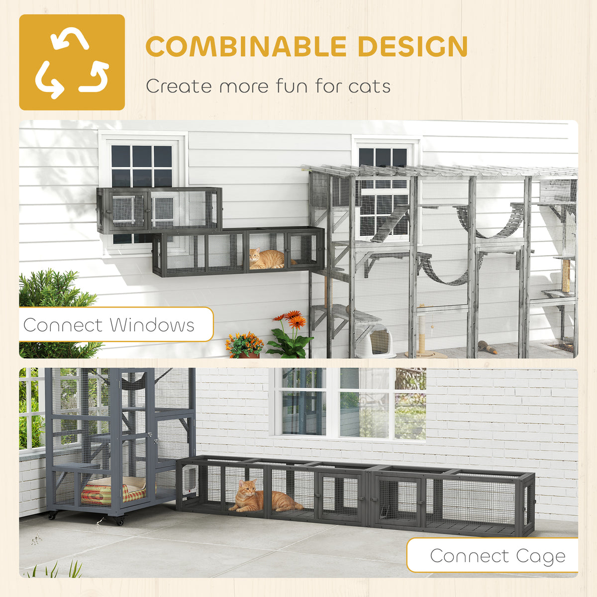 Outdoor Cat Tunnel Enclosure - 98" Wooden Combinable Play Tent Grey-Cats-DECOROLALA