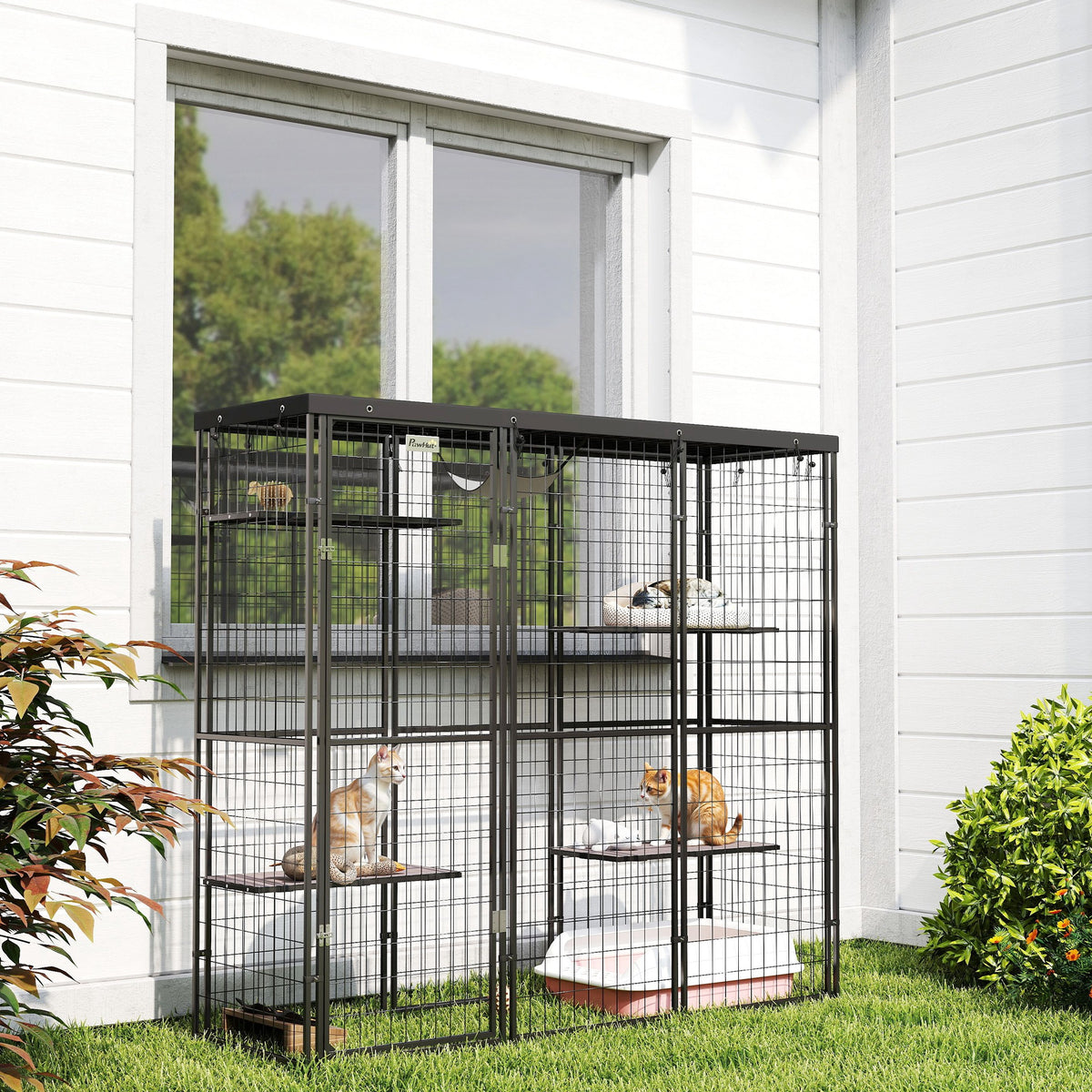 Outdoor Catio Cat Enclosure with Waterproof Cover & Hammock, Black-Cat Supplies-DECOROLALA
