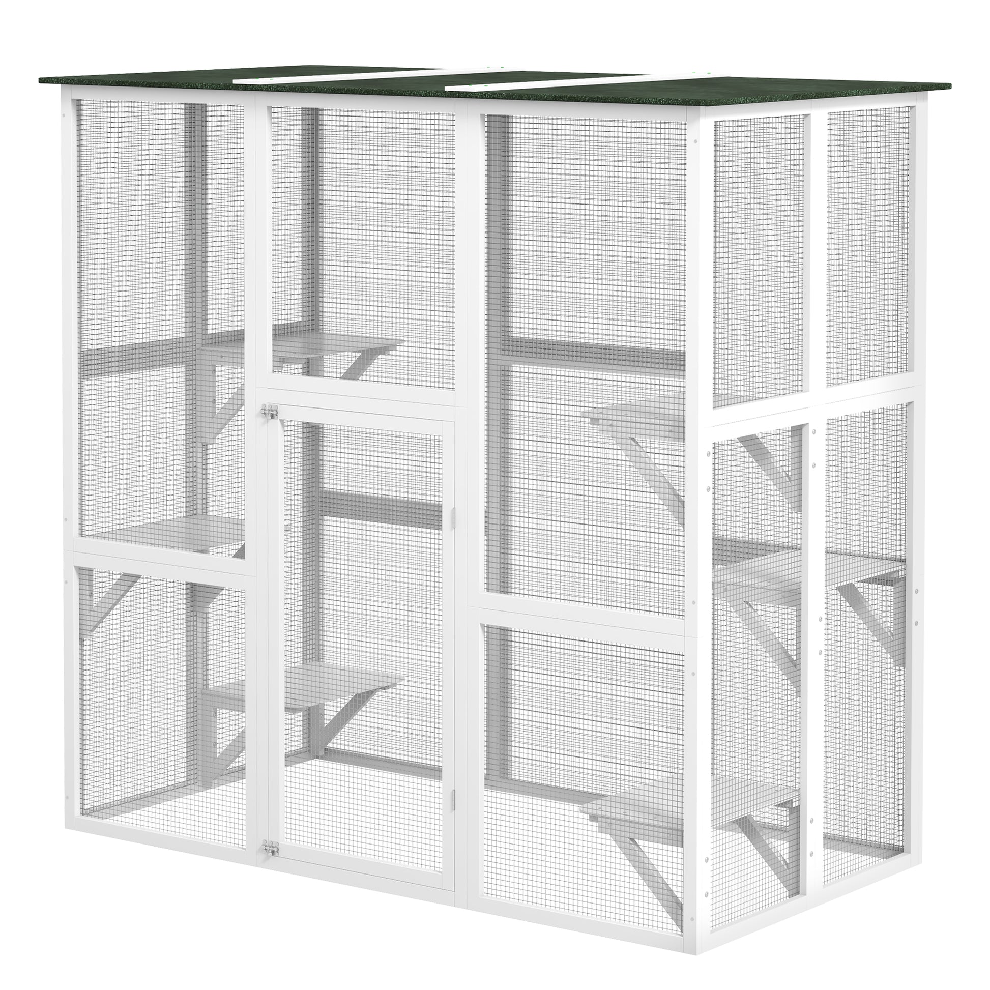 Outdoor Catio Enclosure, Wooden Patio 6 Platforms, Asphalt Roof, 70.9"x38.6"x70.9", White-DECOROLALA