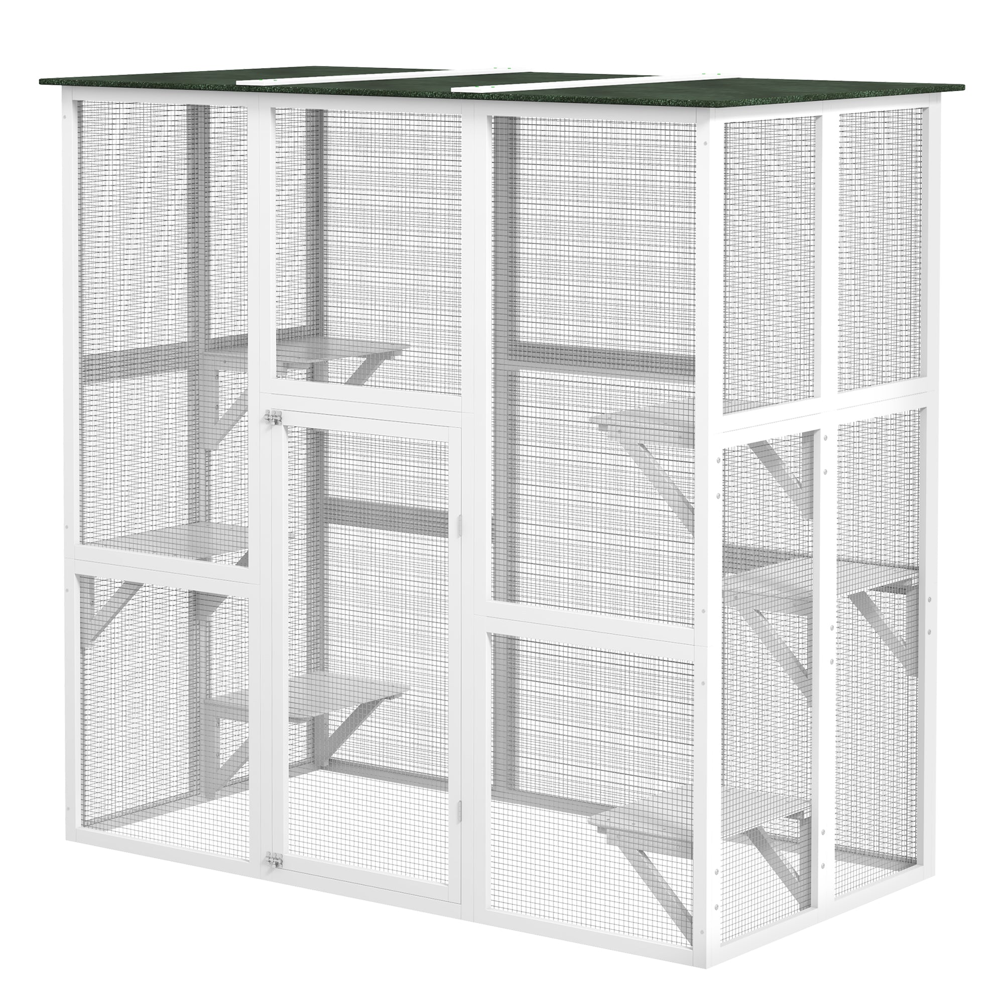 Outdoor Catio Enclosure, Wooden Patio 6 Platforms, Asphalt Roof, 70.9"x38.6"x70.9", White-DECOROLALA