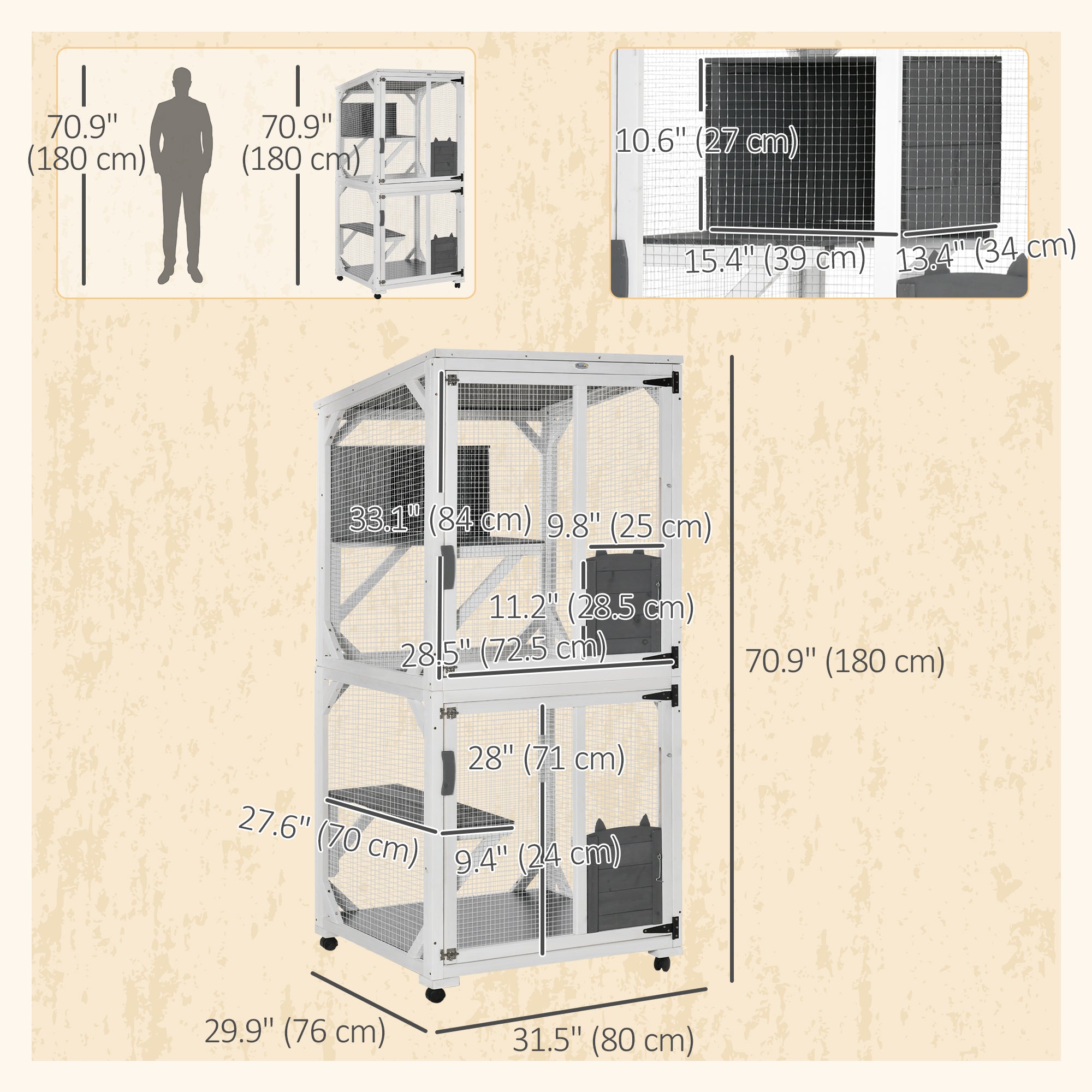 Outdoor Catio - Wooden Cat House with Wheels, White & Grey-DECOROLALA
