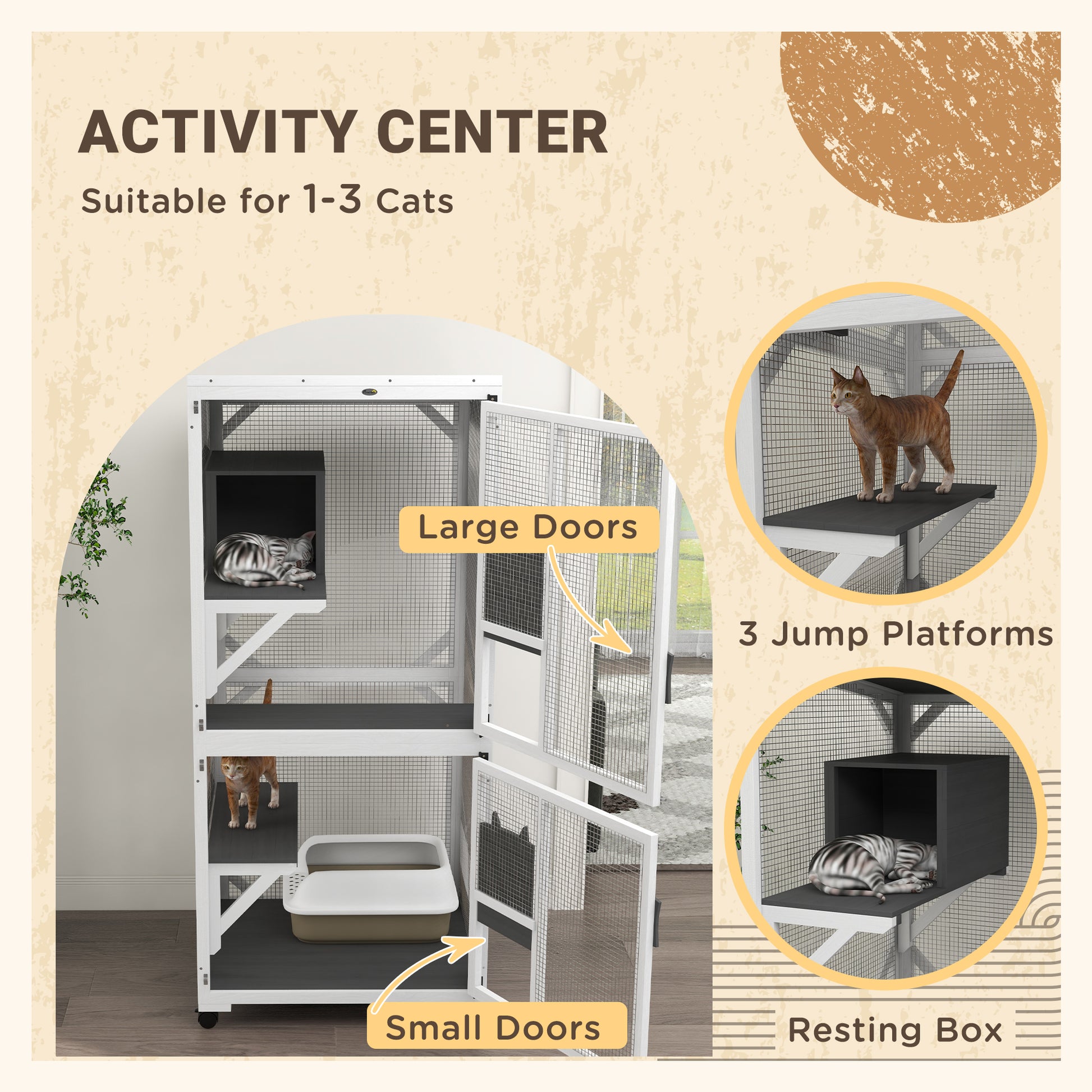 Outdoor Catio - Wooden Cat House with Wheels, White & Grey-DECOROLALA
