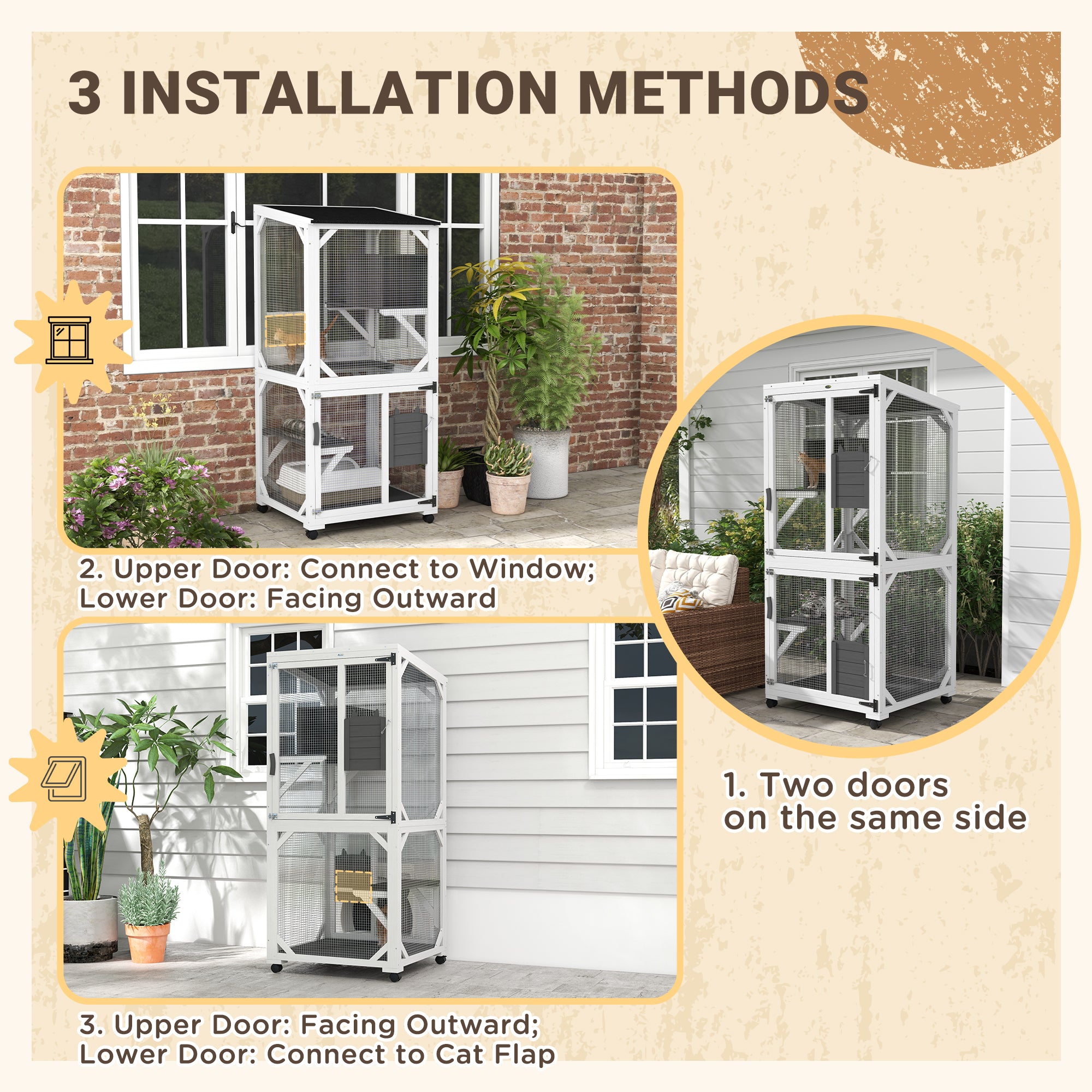 Outdoor Catio - Wooden Cat House with Wheels, White & Grey-DECOROLALA