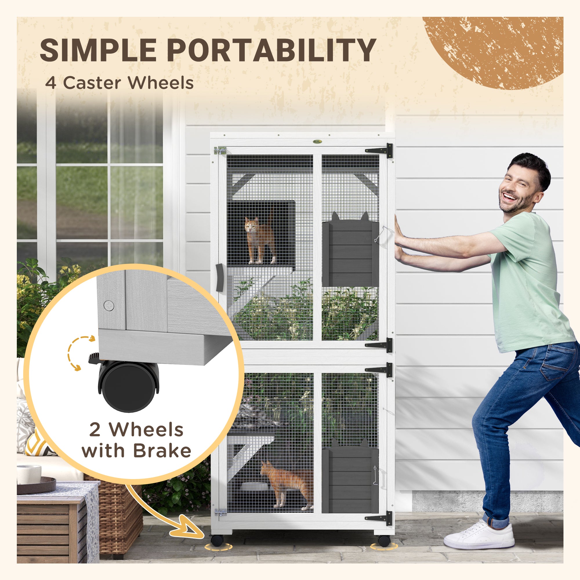 Outdoor Catio - Wooden Cat House with Wheels, White & Grey-DECOROLALA