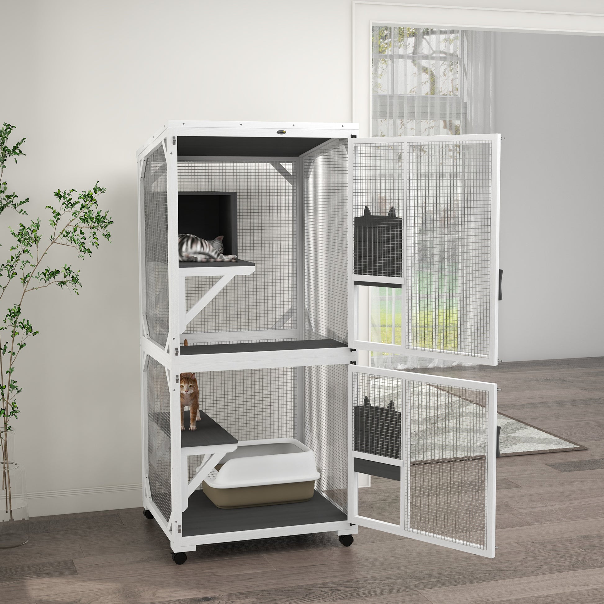 Outdoor Catio - Wooden Cat House with Wheels, White & Grey-DECOROLALA