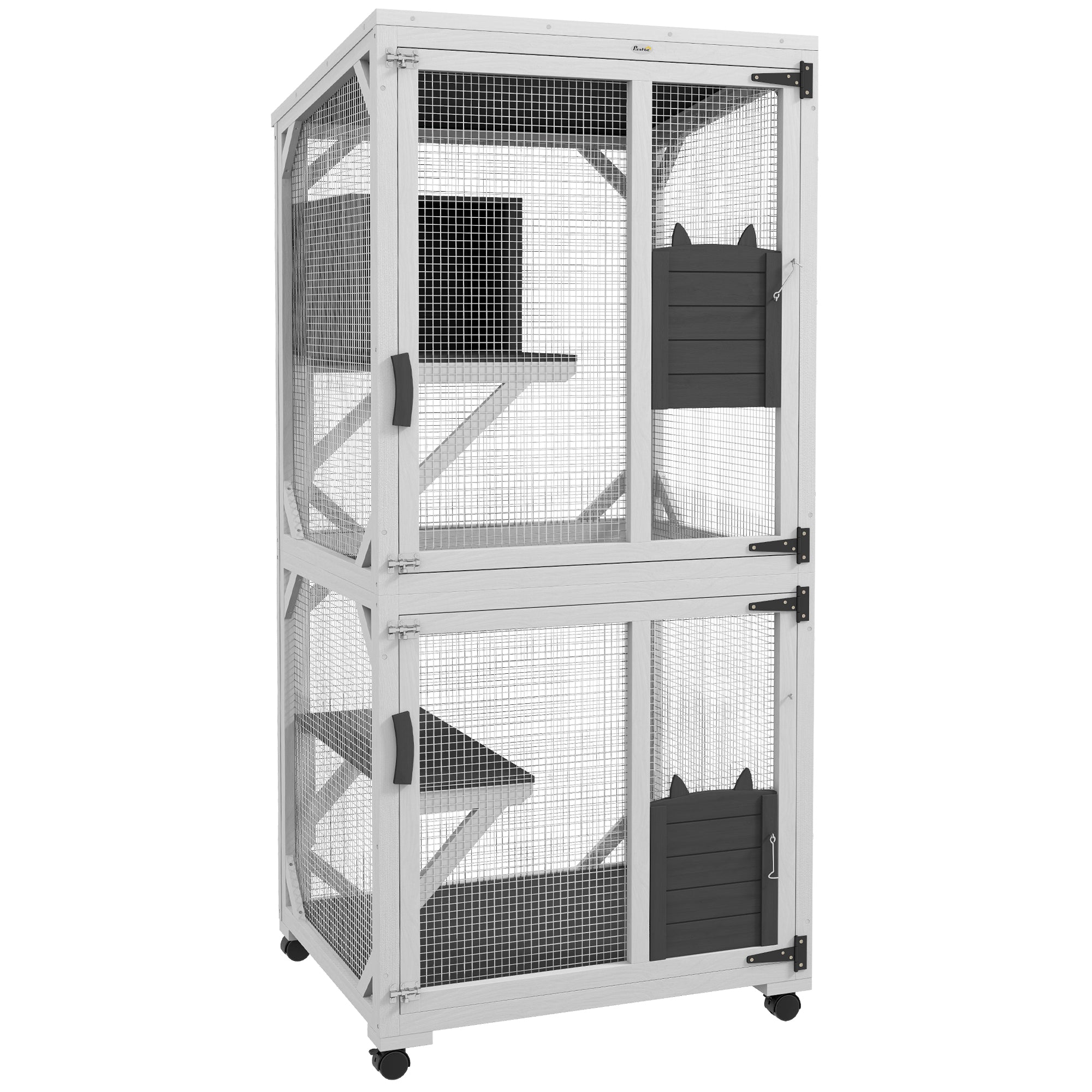Outdoor Catio - Wooden Cat House with Wheels, White & Grey-DECOROLALA