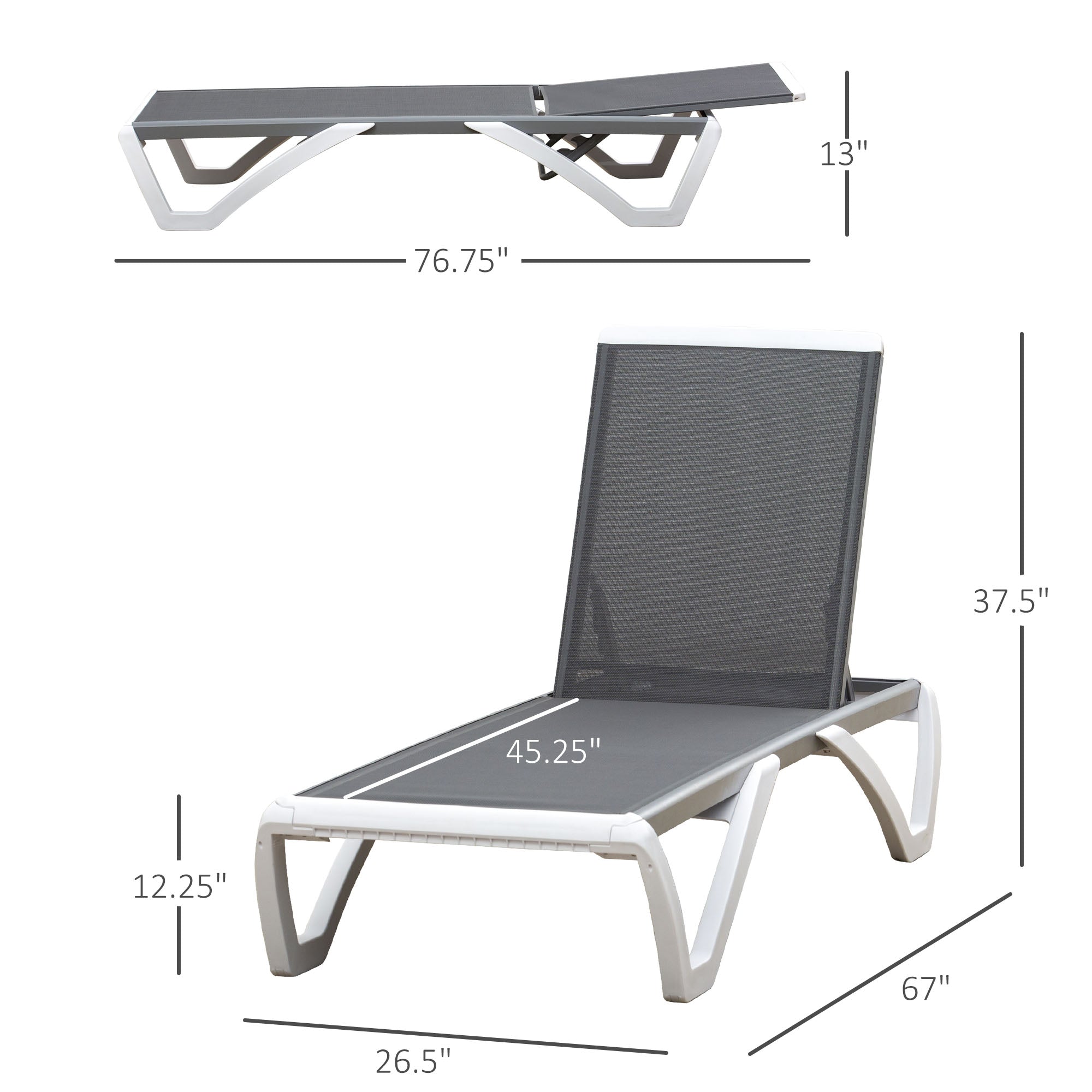 Outdoor Chaise Lounge Chair, Grey, Adjustable Back, Portable Wheels, Mesh Fabric-DECOROLALA