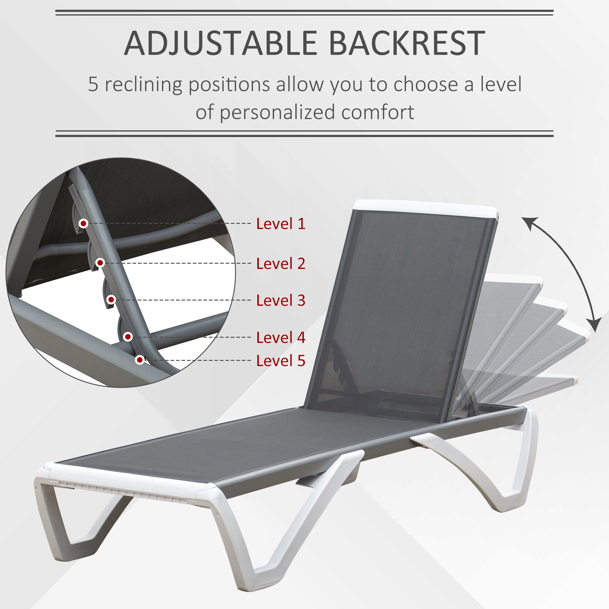 Outdoor Chaise Lounge Chair, Grey, Adjustable Back, Portable Wheels, Mesh Fabric-DECOROLALA