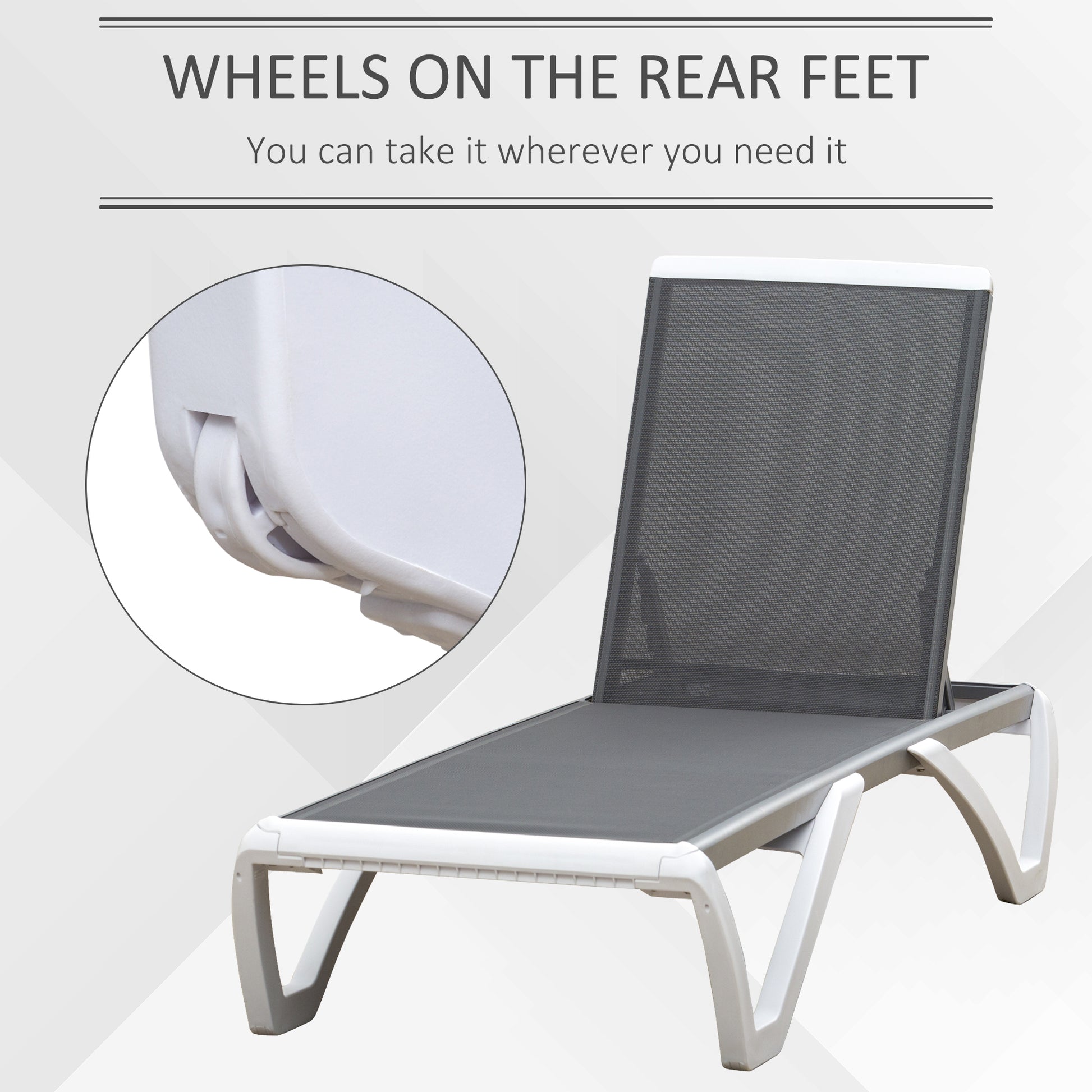Outdoor Chaise Lounge Chair, Grey, Adjustable Back, Portable Wheels, Mesh Fabric-DECOROLALA