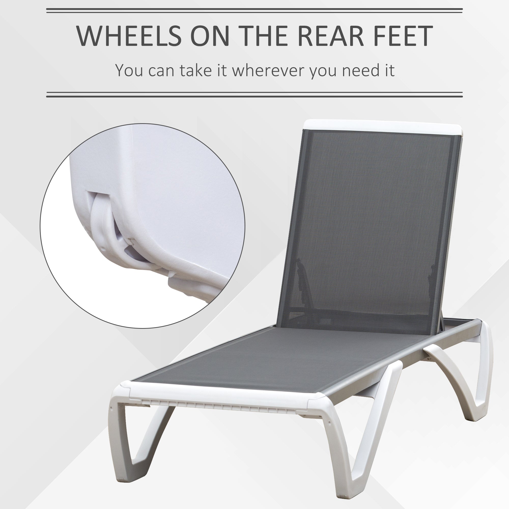 Outdoor Chaise Lounge Chair, Grey, Adjustable Back, Portable Wheels, Mesh Fabric-DECOROLALA