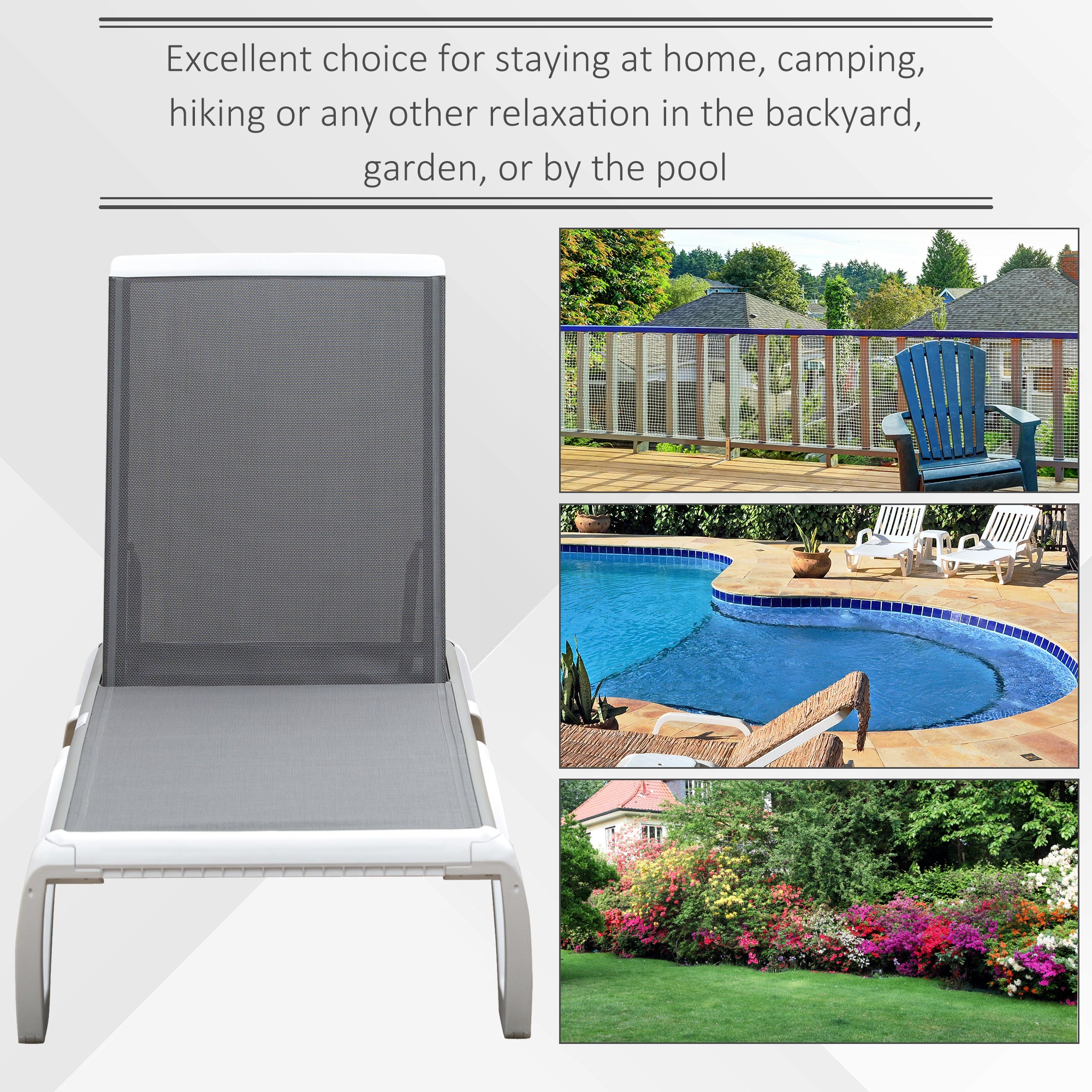 Outdoor Chaise Lounge Chair, Grey, Adjustable Back, Portable Wheels, Mesh Fabric-DECOROLALA