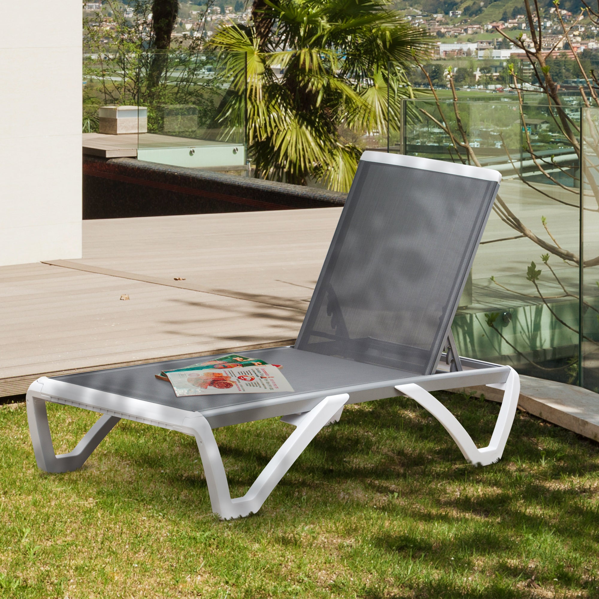 Outdoor Chaise Lounge Chair, Grey, Adjustable Back, Portable Wheels, Mesh Fabric-DECOROLALA