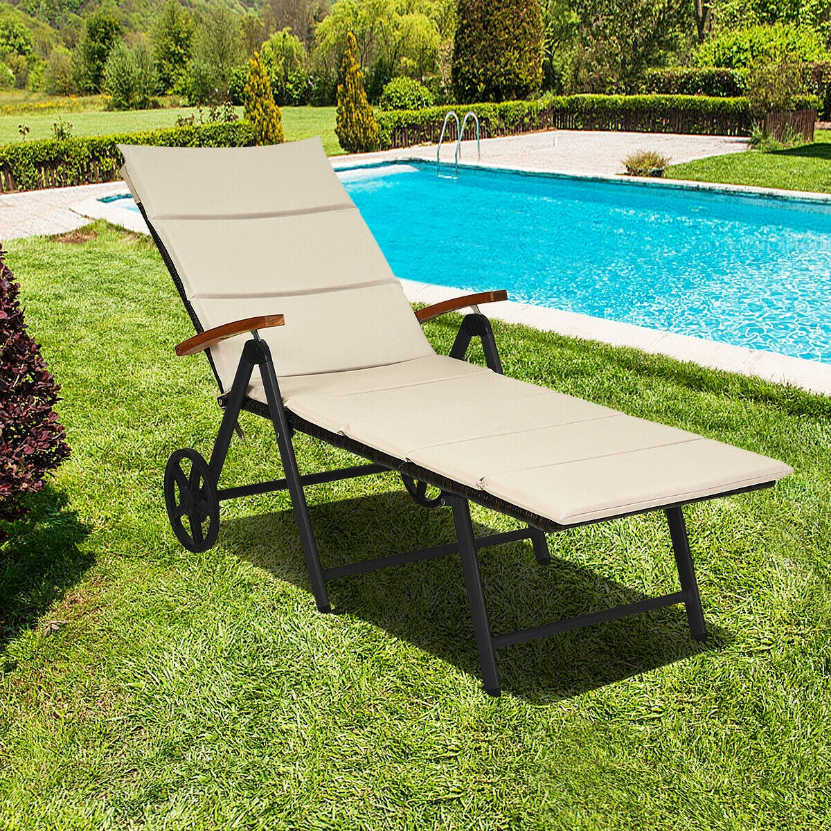 Outdoor Chaise Lounge Chair Rattan Lounger Recliner Chair-Beige-Outdoor Chaise Lounges-DECOROLALA