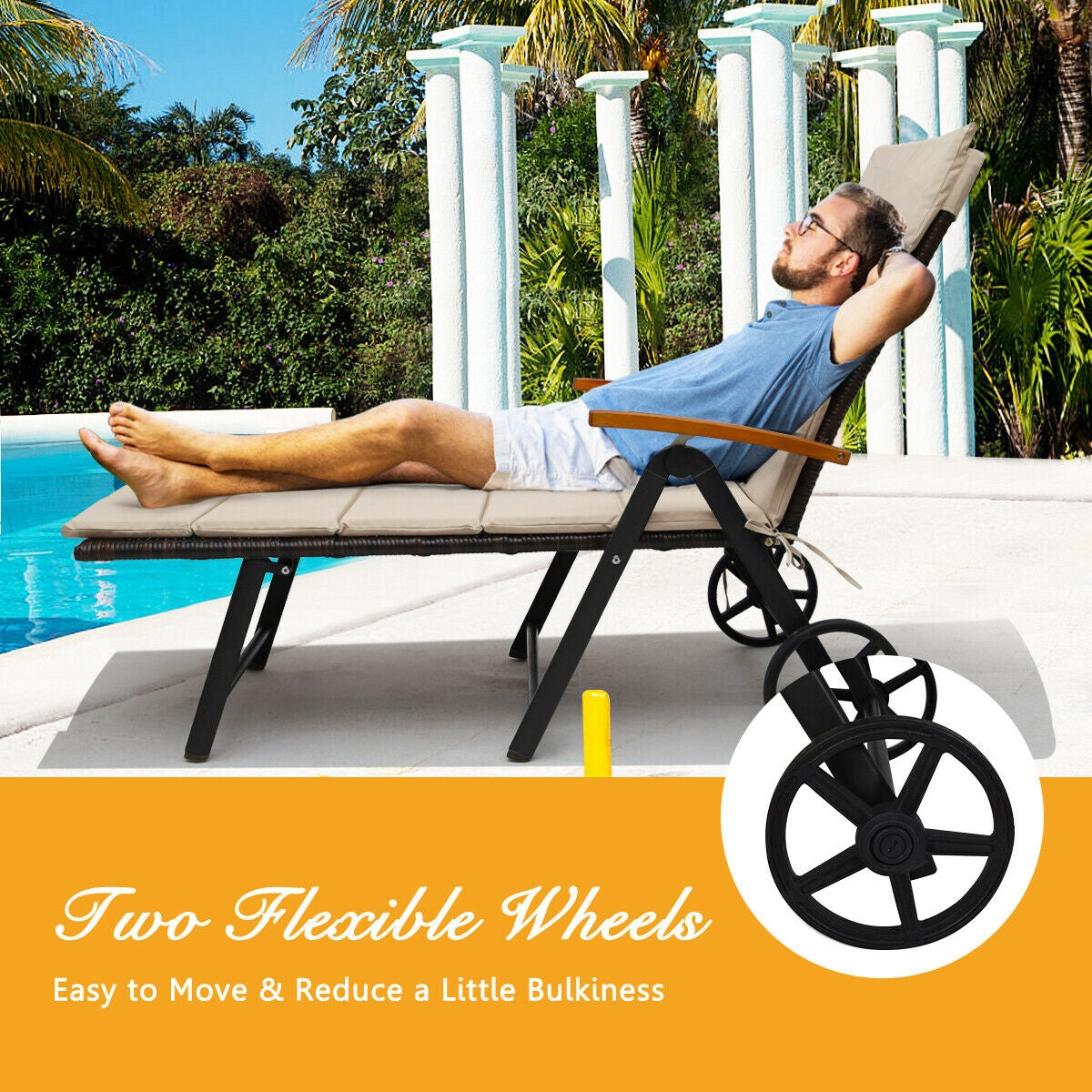 Outdoor Chaise Lounge Chair Rattan Lounger Recliner Chair-Beige-Outdoor Chaise Lounges-DECOROLALA