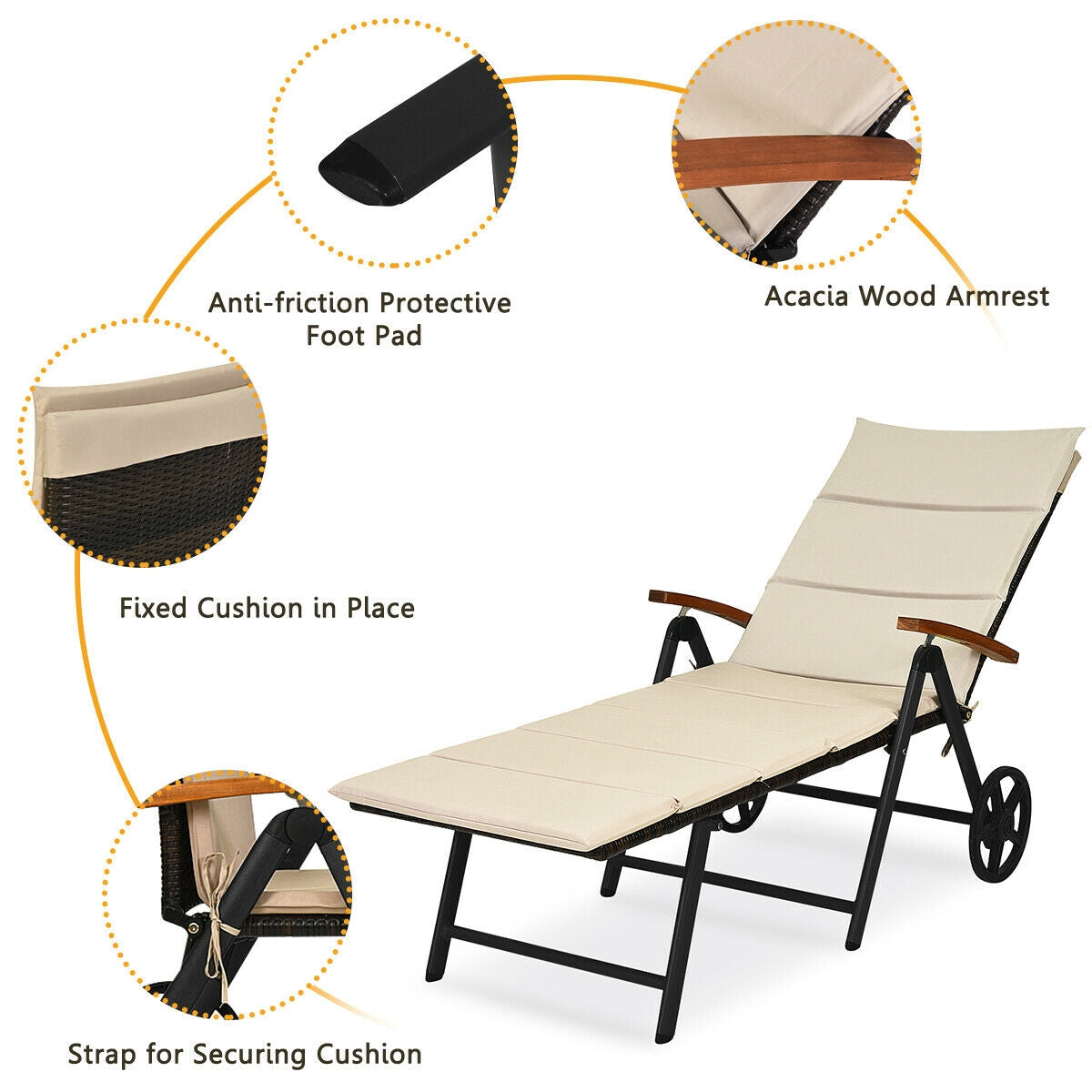 Outdoor Chaise Lounge Chair Rattan Lounger Recliner Chair-Beige-Outdoor Chaise Lounges-DECOROLALA