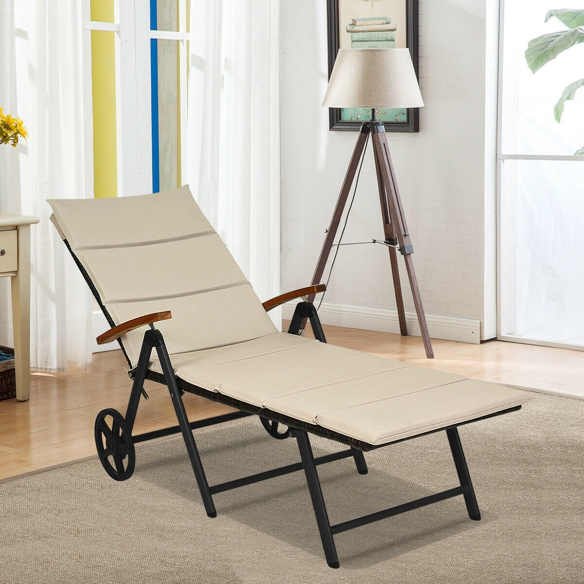 Outdoor Chaise Lounge Chair Rattan Lounger Recliner Chair-Beige-Outdoor Chaise Lounges-DECOROLALA