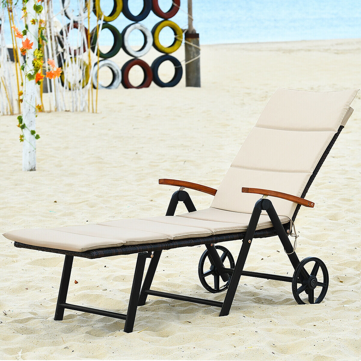 Outdoor Chaise Lounge Chair Rattan Lounger Recliner Chair-Beige-Outdoor Chaise Lounges-DECOROLALA