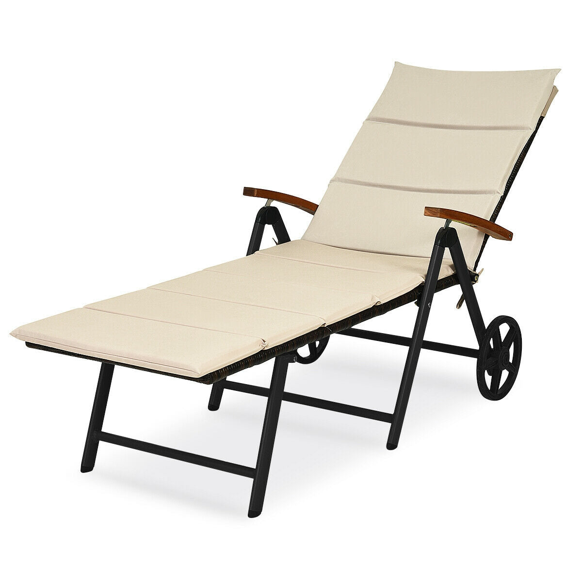 Outdoor Chaise Lounge Chair Rattan Lounger Recliner Chair-Beige-Outdoor Chaise Lounges-DECOROLALA