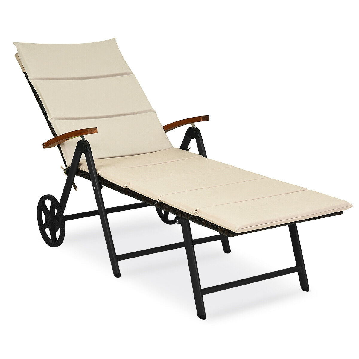 Outdoor Chaise Lounge Chair Rattan Lounger Recliner Chair-Beige-Outdoor Chaise Lounges-DECOROLALA