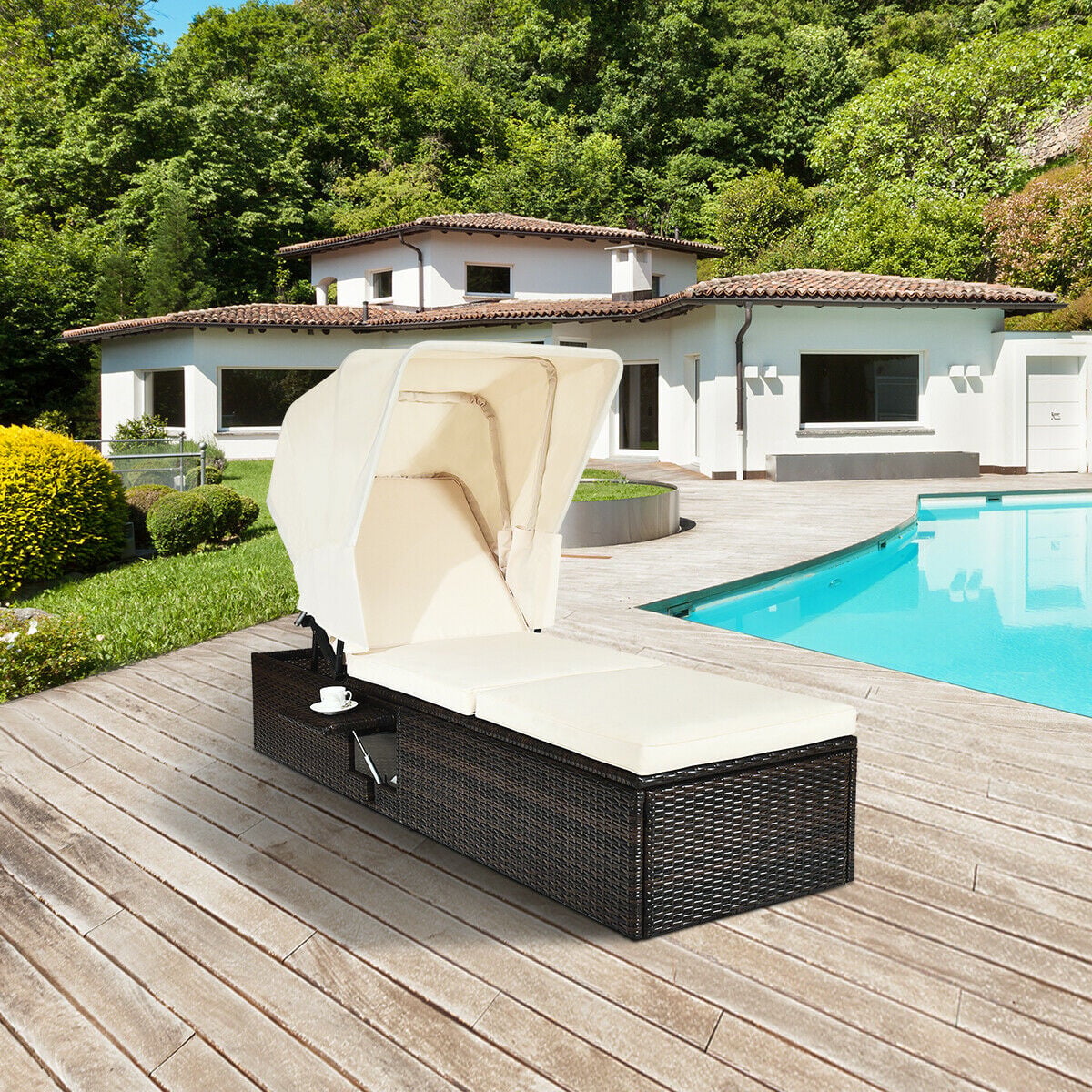 Outdoor Chaise Lounge Chair with Folding Canopy-White-Outdoor Chaise Lounges-DECOROLALA