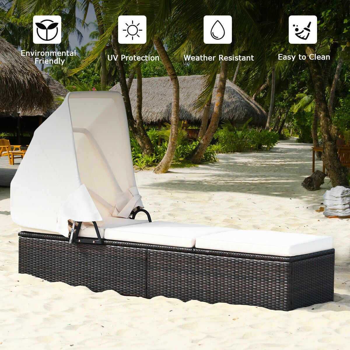 Outdoor Chaise Lounge Chair with Folding Canopy-White-Outdoor Chaise Lounges-DECOROLALA