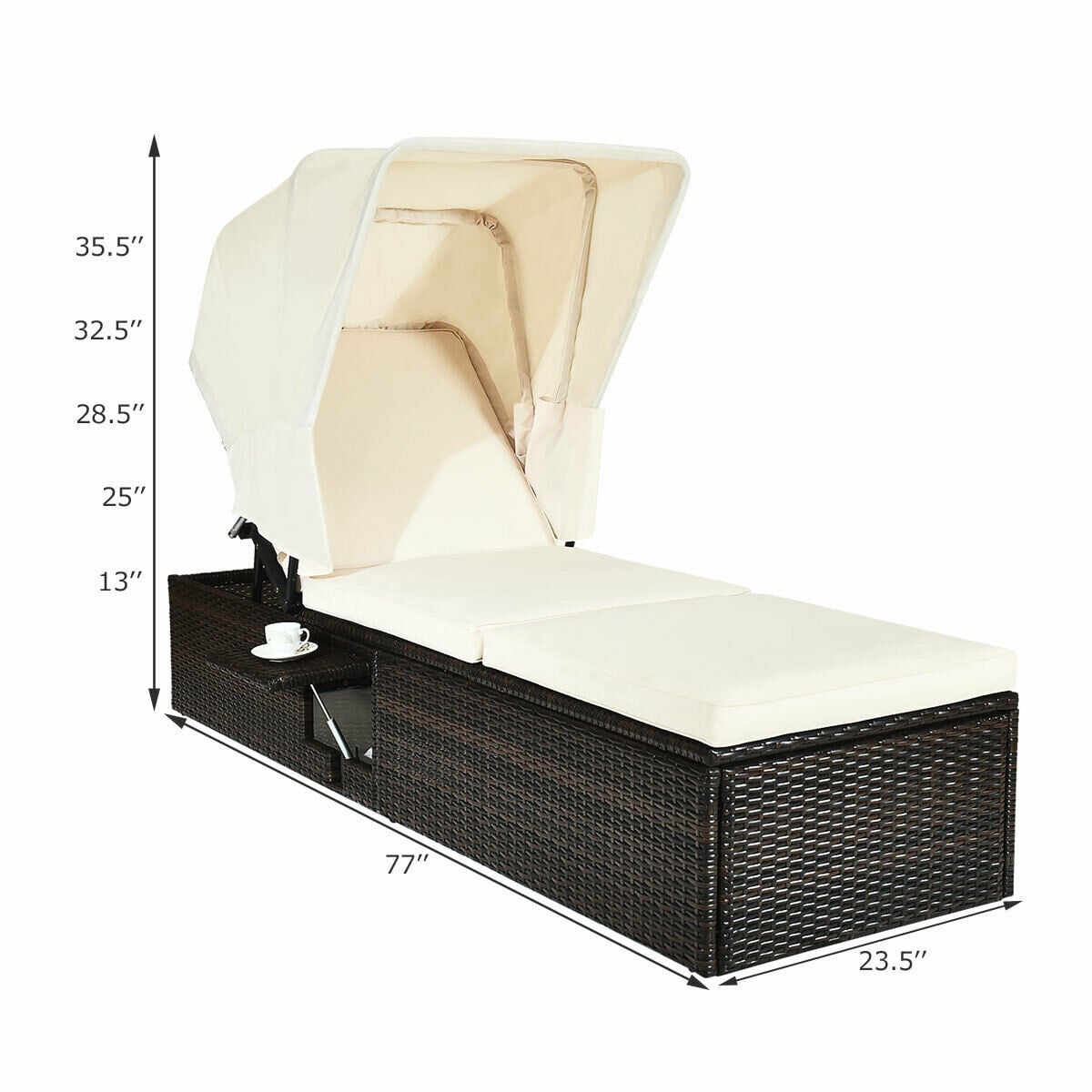 Outdoor Chaise Lounge Chair with Folding Canopy-White-Outdoor Chaise Lounges-DECOROLALA