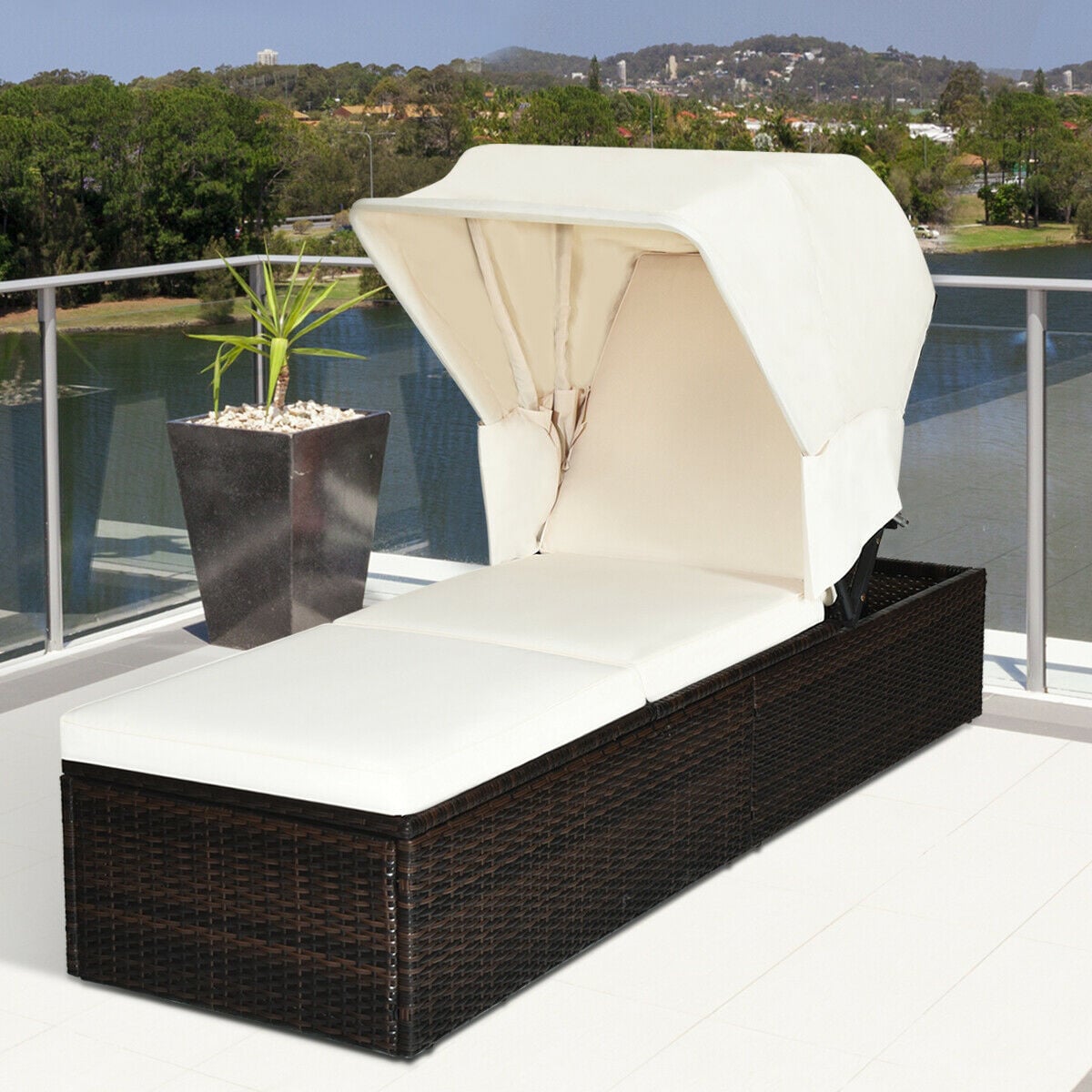 Outdoor Chaise Lounge Chair with Folding Canopy-White-Outdoor Chaise Lounges-DECOROLALA