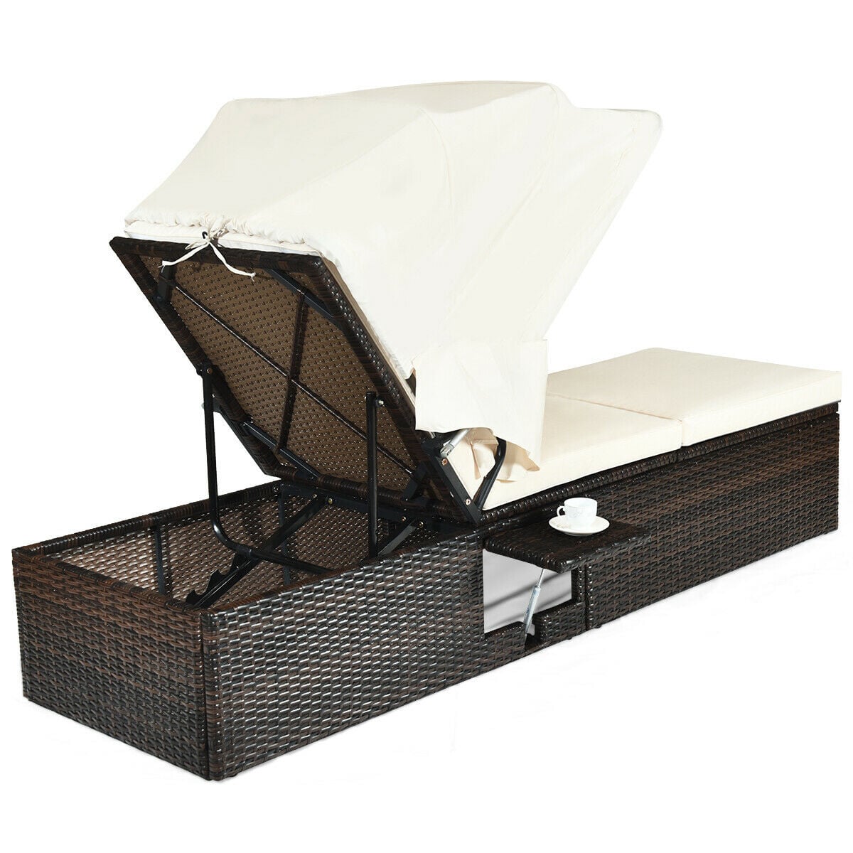 Outdoor Chaise Lounge Chair with Folding Canopy-White-Outdoor Chaise Lounges-DECOROLALA