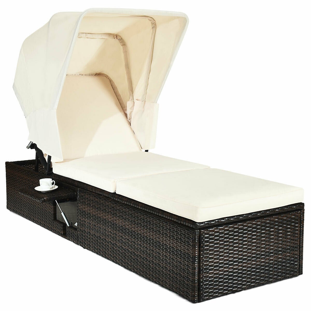 Outdoor Chaise Lounge Chair with Folding Canopy-White-Outdoor Chaise Lounges-DECOROLALA