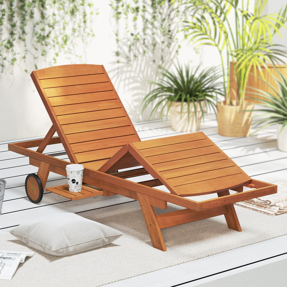 Outdoor Chaise Lounge Chair with Wheels 4-Position Patio Wood Recliner with Adjustable Backrest-Outdoor Chaise Lounges-DECOROLALA