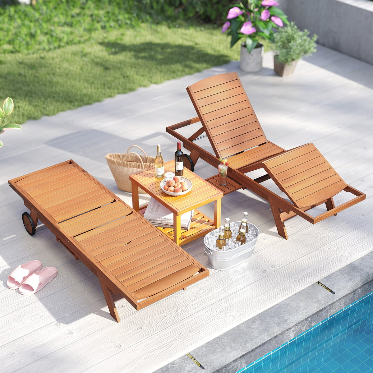 Outdoor Chaise Lounge Chair with Wheels 4-Position Patio Wood Recliner with Adjustable Backrest-Outdoor Chaise Lounges-DECOROLALA