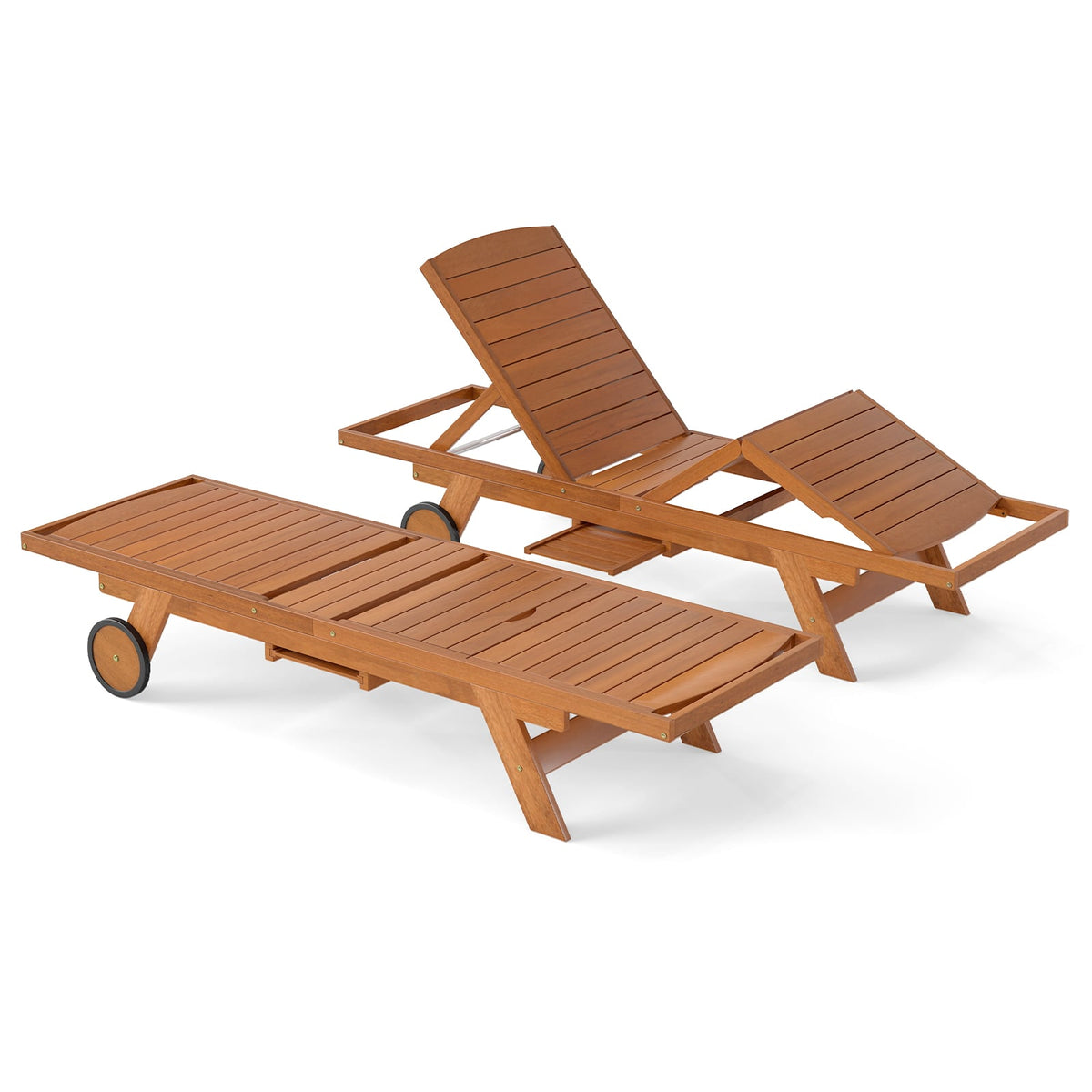 Outdoor Chaise Lounge Chair with Wheels 4-Position Patio Wood Recliner with Adjustable Backrest-Outdoor Chaise Lounges-DECOROLALA