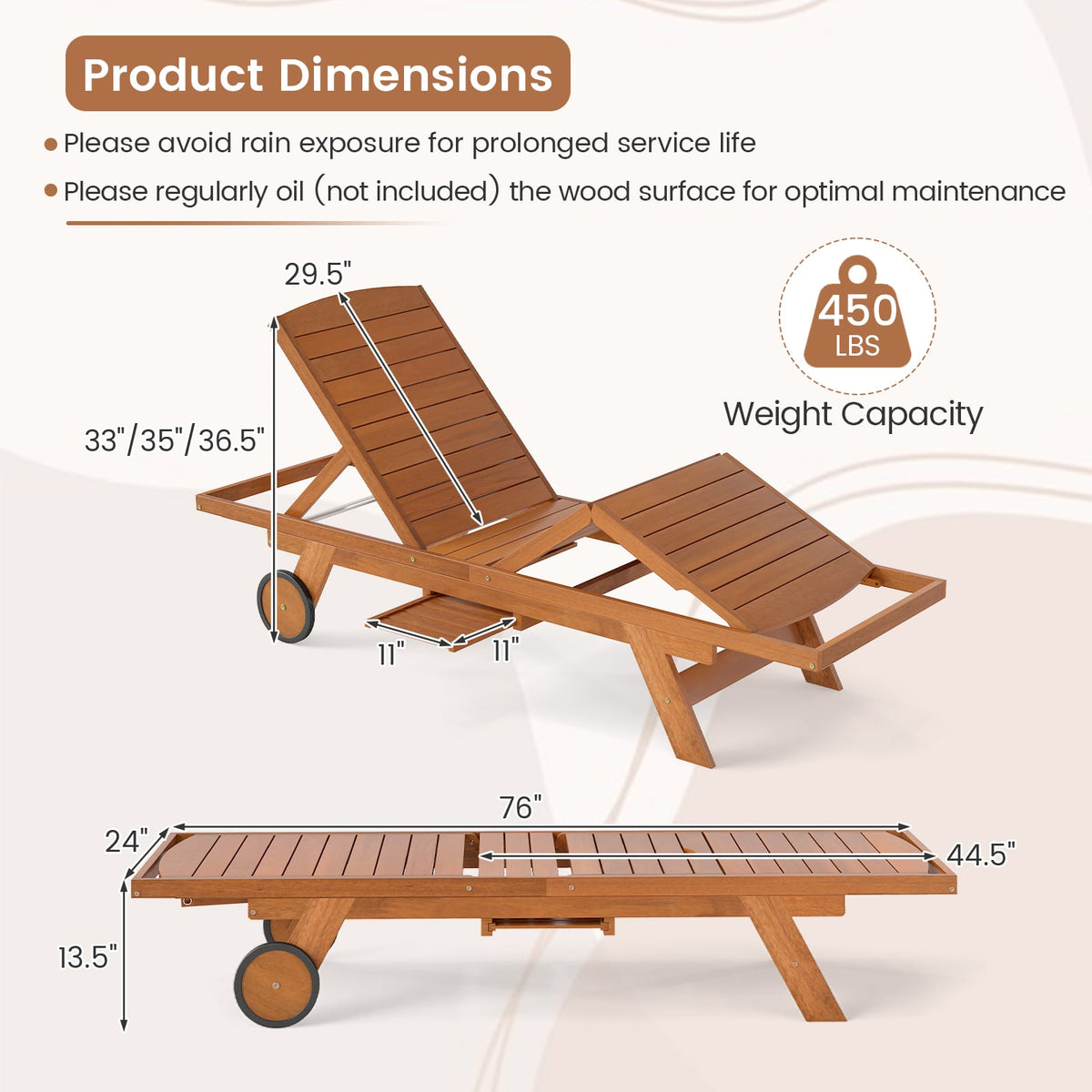 Outdoor Chaise Lounge Chair with Wheels 4-Position Patio Wood Recliner with Adjustable Backrest-Outdoor Chaise Lounges-DECOROLALA