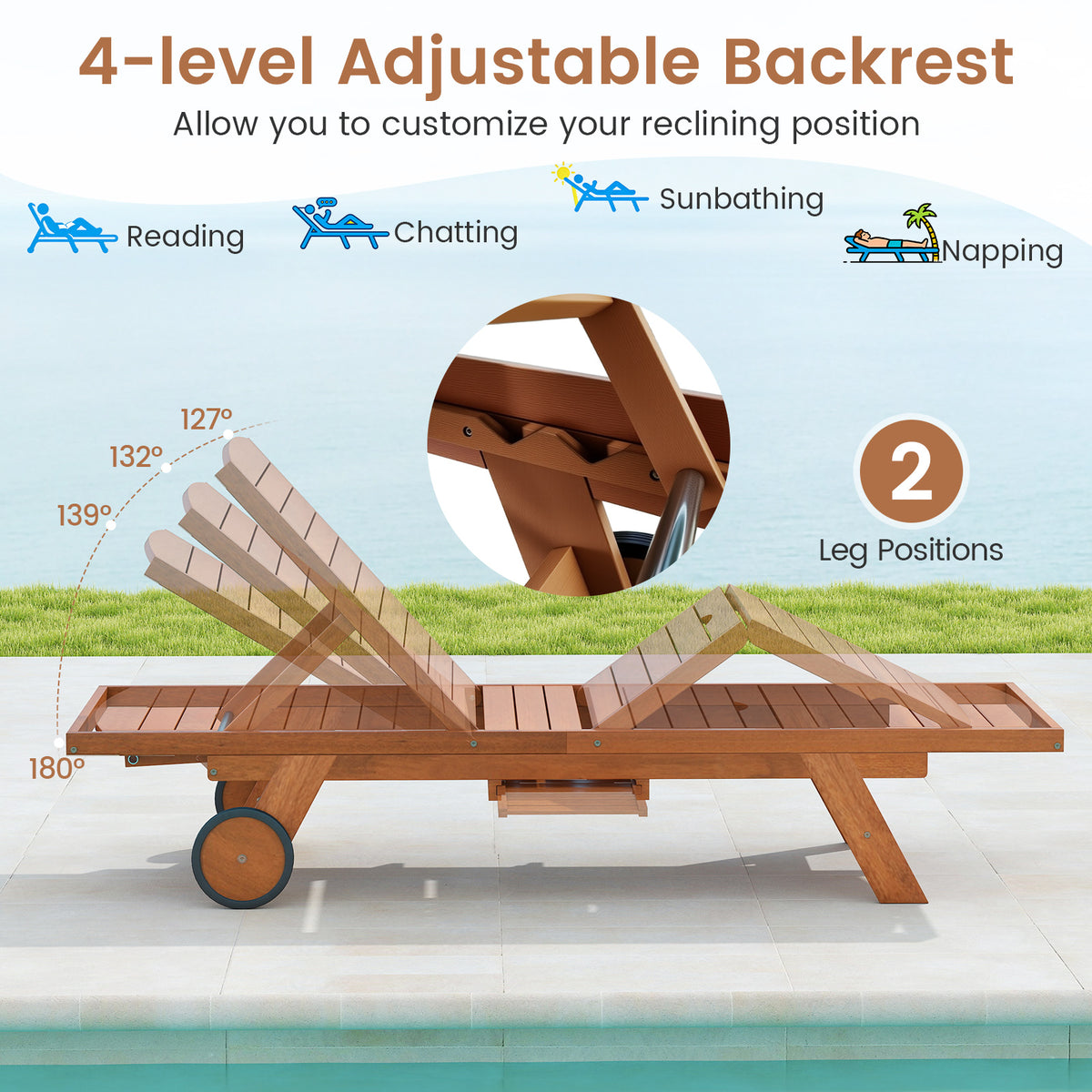 Outdoor Chaise Lounge Chair with Wheels 4-Position Patio Wood Recliner with Adjustable Backrest-Outdoor Chaise Lounges-DECOROLALA