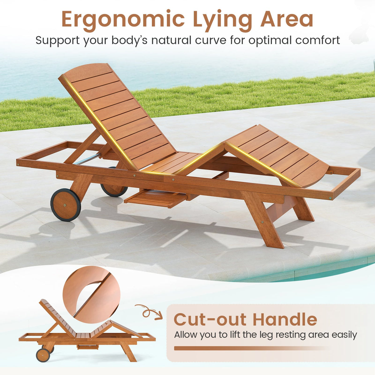 Outdoor Chaise Lounge Chair with Wheels 4-Position Patio Wood Recliner with Adjustable Backrest-Outdoor Chaise Lounges-DECOROLALA