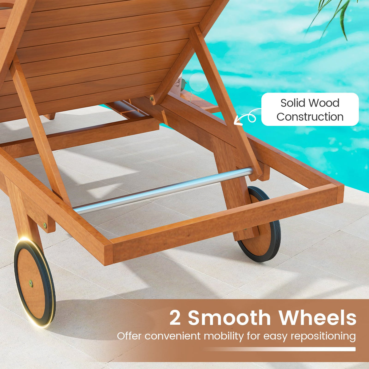 Outdoor Chaise Lounge Chair with Wheels 4-Position Patio Wood Recliner with Adjustable Backrest-Outdoor Chaise Lounges-DECOROLALA