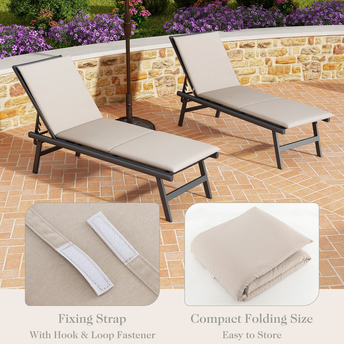 Outdoor Chaise Lounge Cushion Patio Furniture Folding Pad with Fixing Straps-Beige-Outdoor Furniture Accessories-DECOROLALA