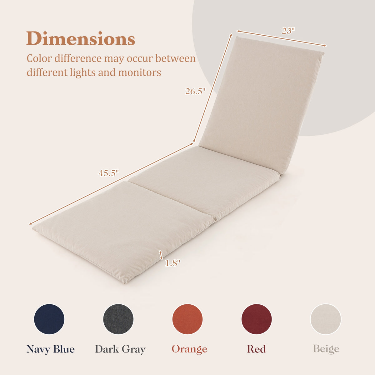 Outdoor Chaise Lounge Cushion Patio Furniture Folding Pad with Fixing Straps-Beige-Outdoor Furniture Accessories-DECOROLALA
