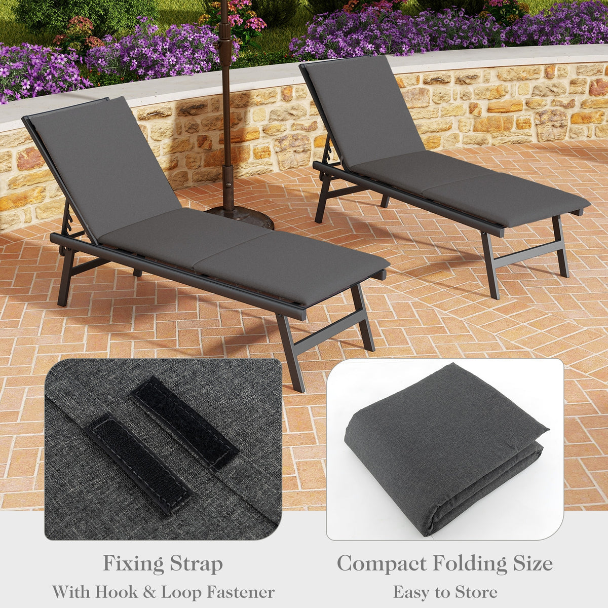 Outdoor Chaise Lounge Cushion Patio Furniture Folding Pad with Fixing Straps-Dark Gray-Outdoor Furniture Accessories-DECOROLALA
