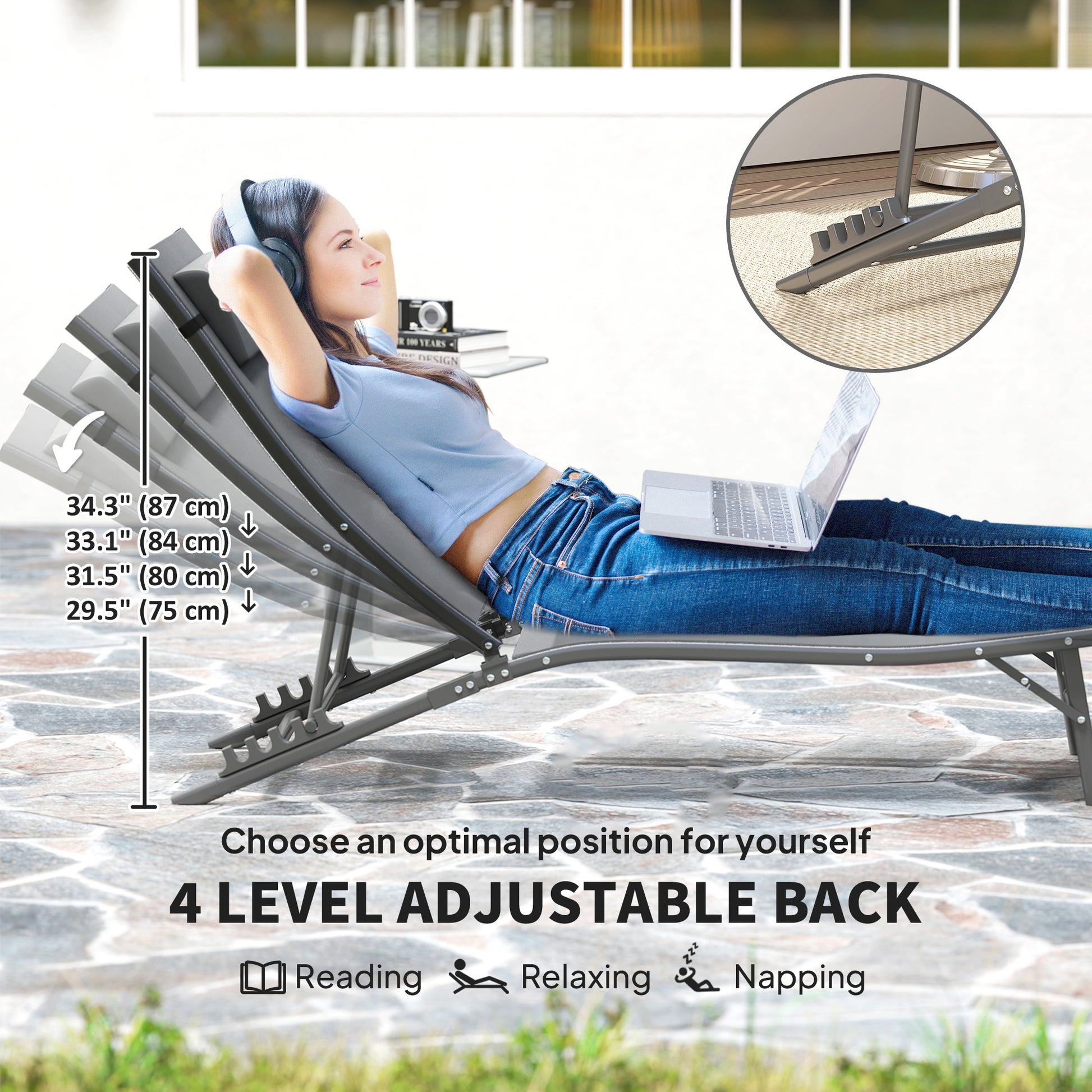 Outdoor Chaise Lounge Set of 2, Grey, Adjustable Backrest, Beach, Poolside-DECOROLALA
