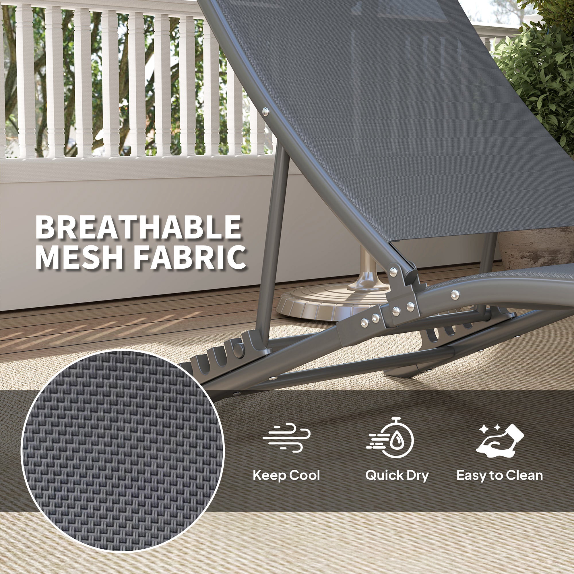 Outdoor Chaise Lounge Set of 2, Grey, Adjustable Backrest, Beach, Poolside-DECOROLALA