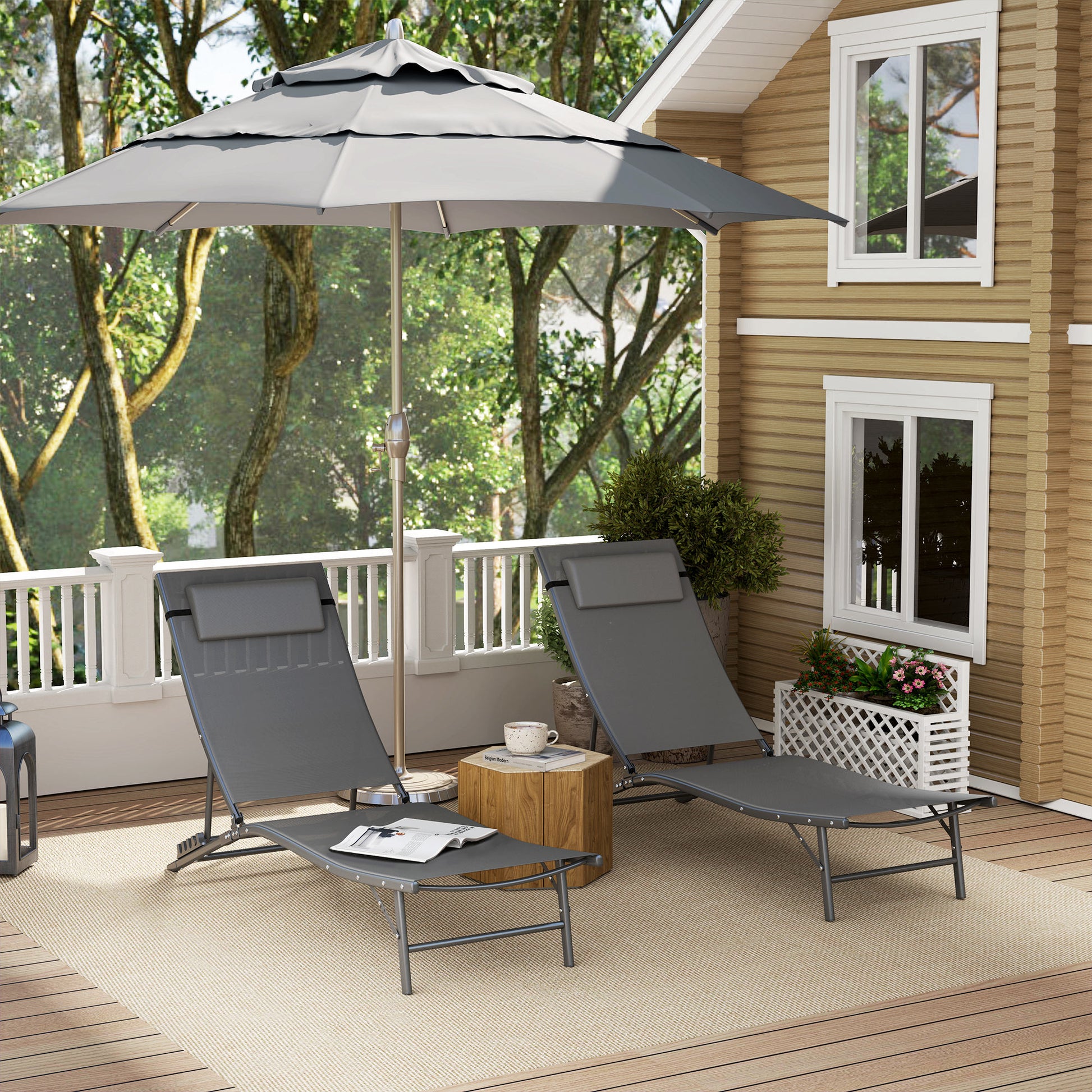 Outdoor Chaise Lounge Set of 2, Grey, Adjustable Backrest, Beach, Poolside-DECOROLALA