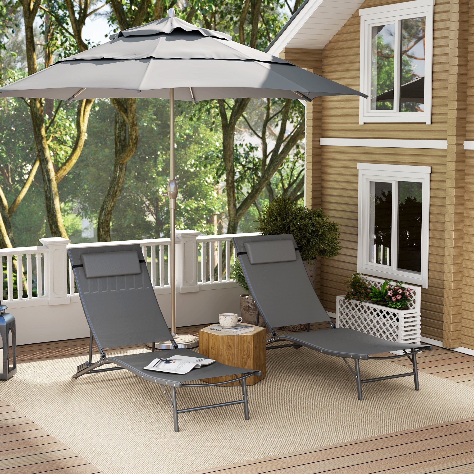 Outdoor Chaise Lounge Set of 2, Grey, Adjustable Backrest, Beach, Poolside-DECOROLALA