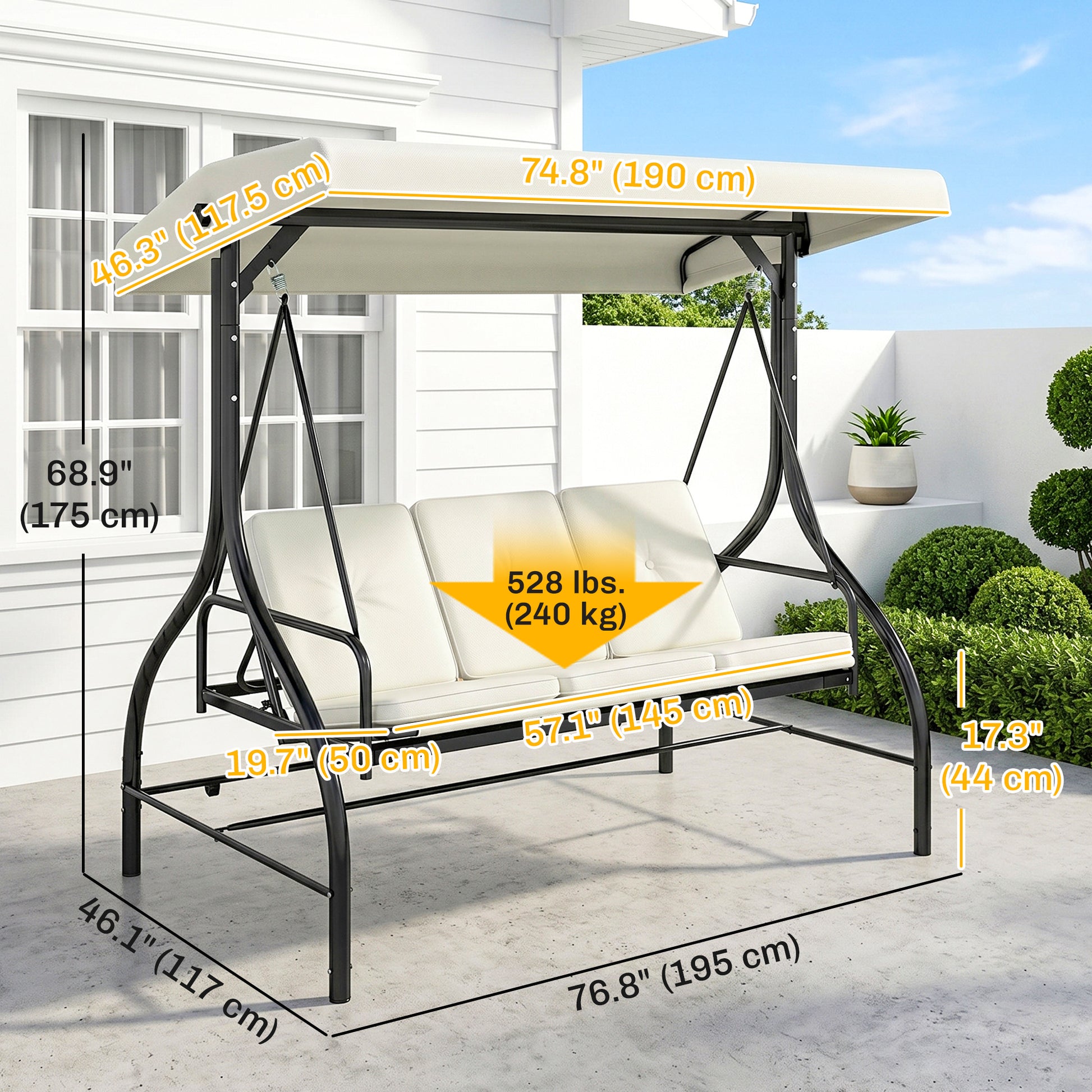 Outdoor Convertible Swing Bed, 3-Seater Patio Swing, Cream White Canopy-DECOROLALA