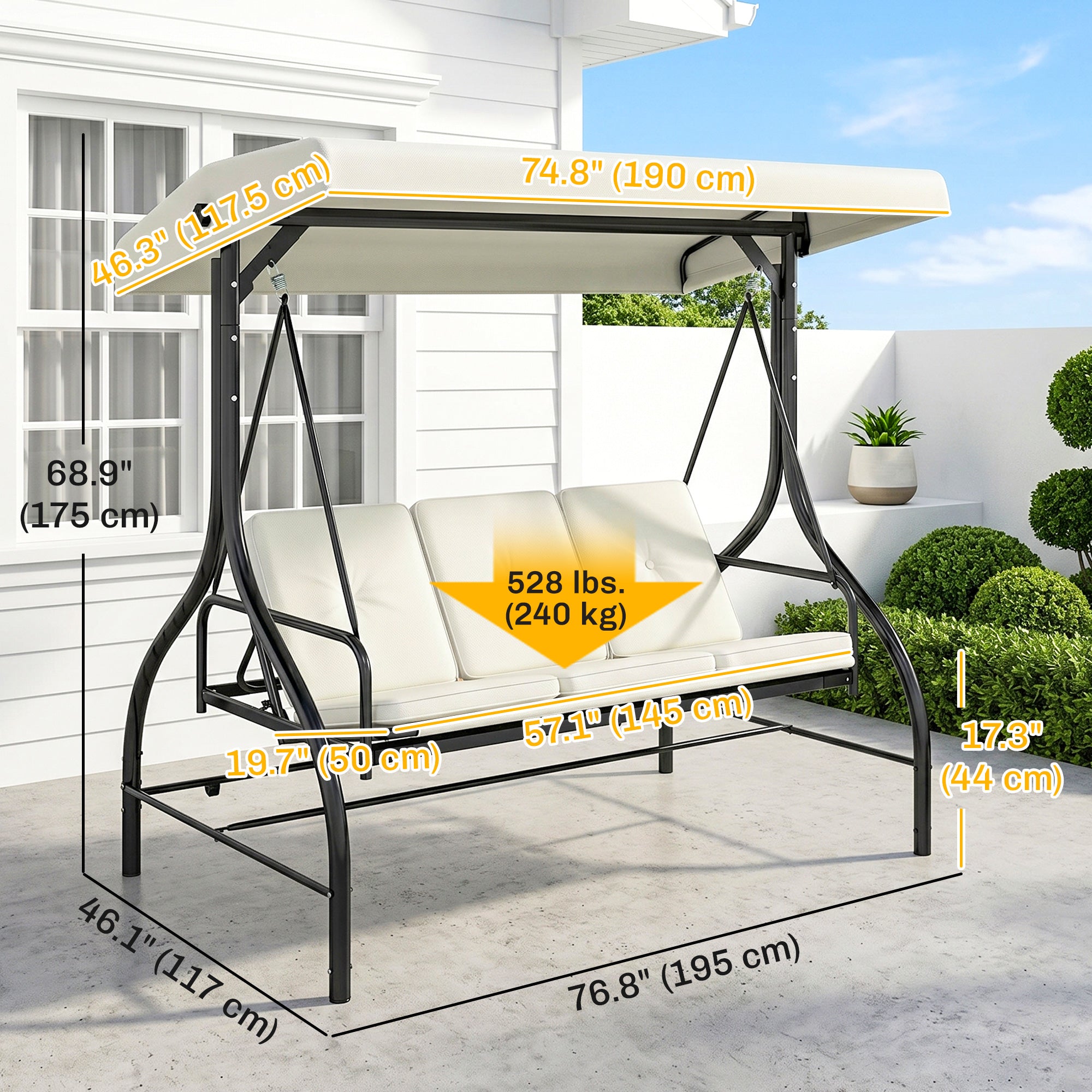 Outdoor Convertible Swing Bed, 3-Seater Patio Swing, Cream White Canopy-DECOROLALA
